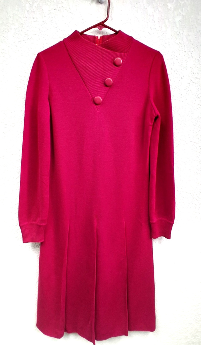 Vintage 60s Mod Dress Cranberry Red Wool Shift Pleated Dress Gino Paoli Italy 10