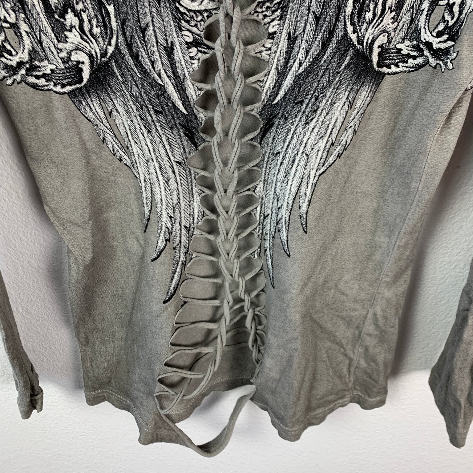 Y2K Affliction Live Fast Laced Raw Edge Long Sleeve Shirt Large Gray Wings