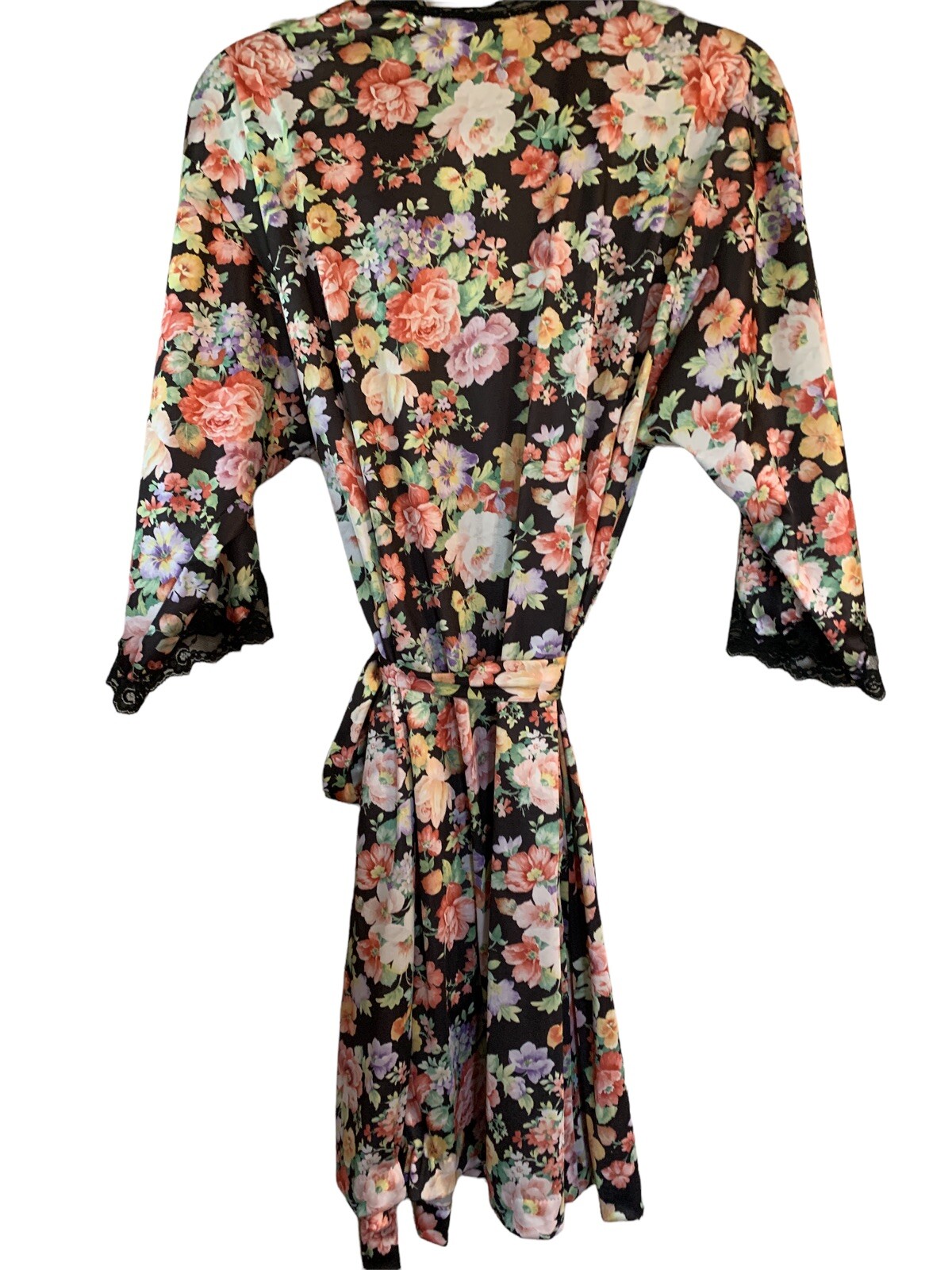 Lorraine Large Black Floral Robe Tie Glossy Satin Lace Trim Flower USA Sleepwear