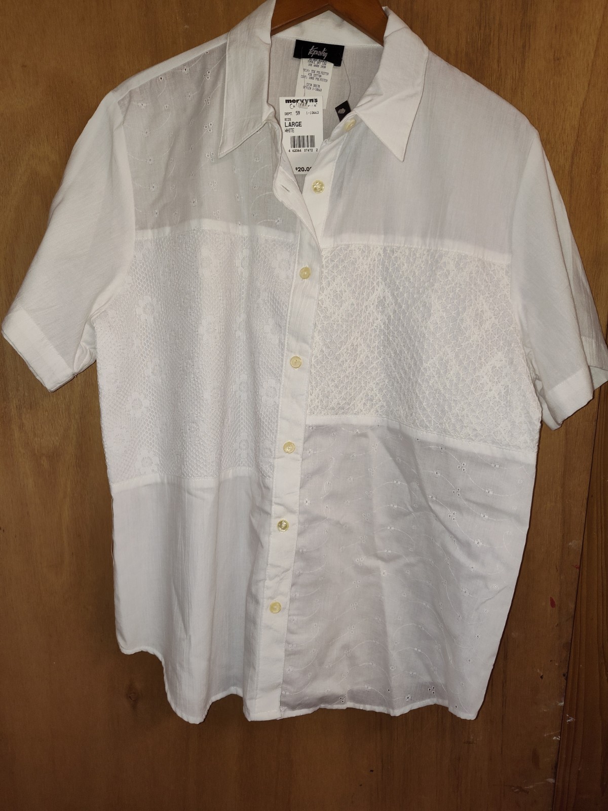 Tapestry White Short Sleeve Shirt Mixed Media Smocking Eyelet Lace Vtg Large