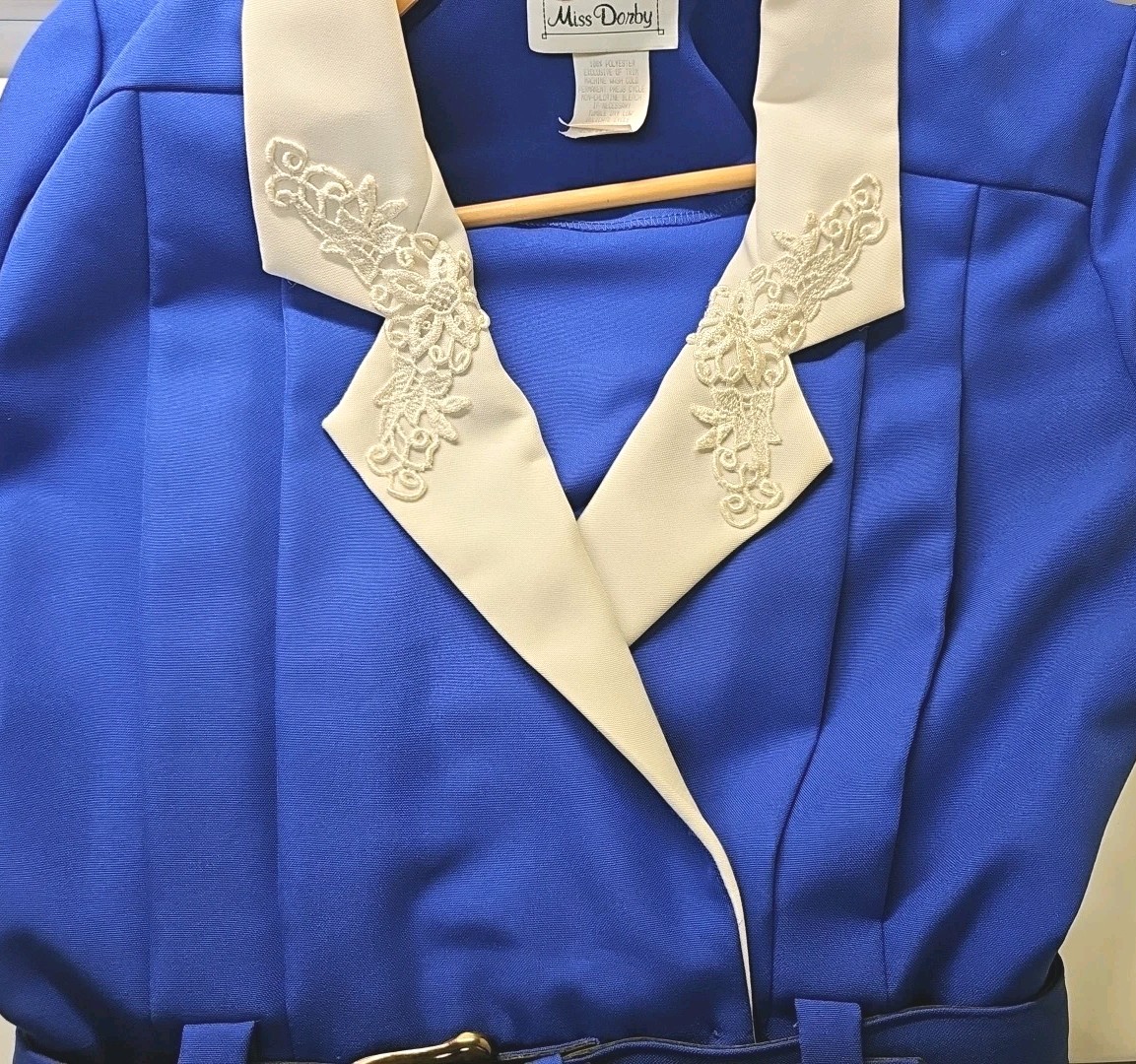 Vtg Miss Dorby Blue & White Double Breasted Belted Blazer Dress 12 P USA ILGWU
