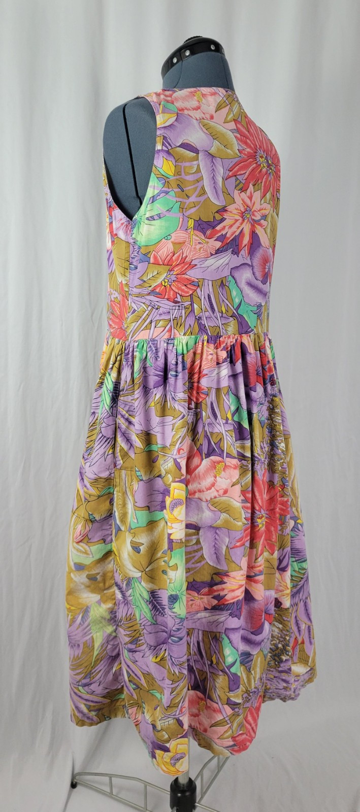 Vintage Erika Pink/Purp/Green/Tan Tropical Floral Print Jumper w Pockets Size L