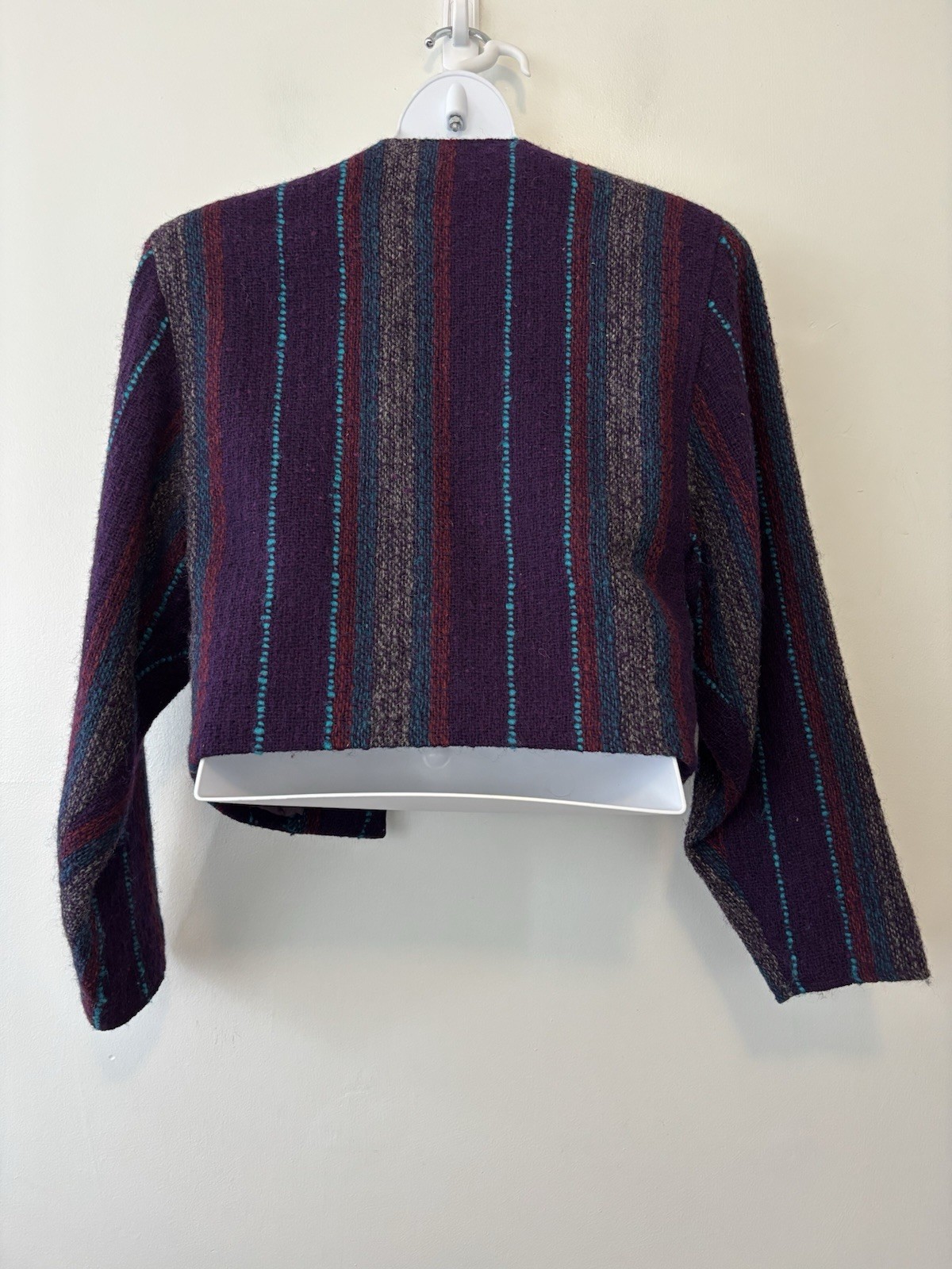 Vintage Fenn Wright Manson Wool Blend Open Jacket Purple Red Blue Cropped