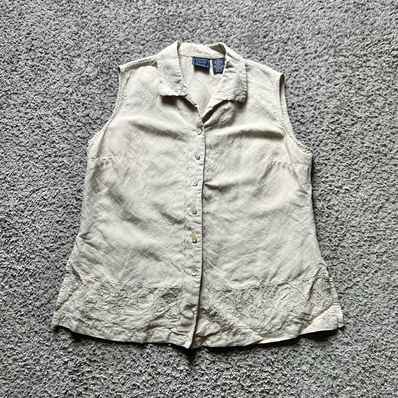 Vintage Y2K 90s Shirt Size 14 Ivory Sleeveless Embroidered Beaded Linen Rayon