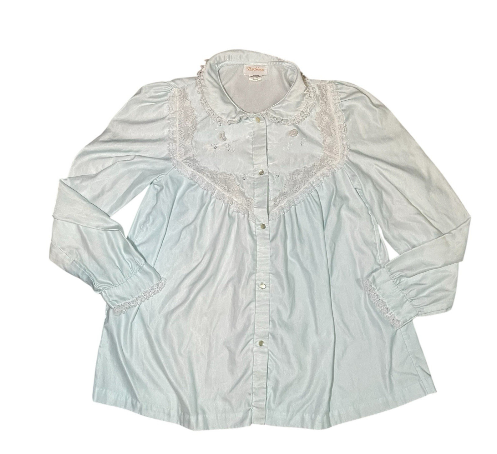 Vintage Barbizon Light Blue Lace Sleep Shirt Button Front Small Nylon Blend