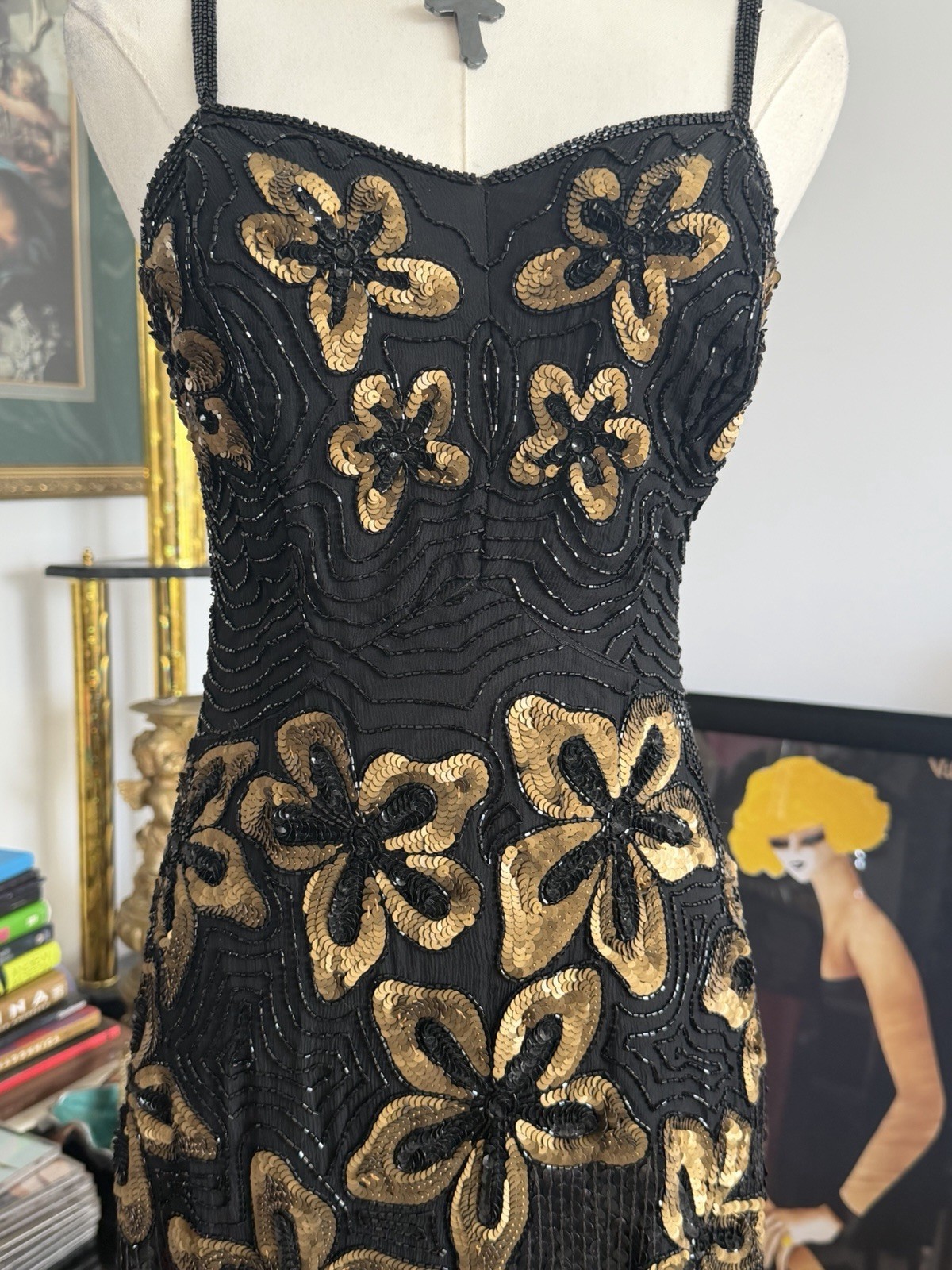 Vintage MEGRE Pure Silk Beaded Sequin Floral Evening Dress Black Gold Size S-M