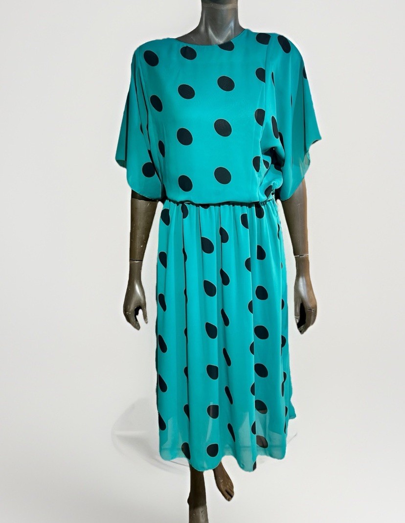 Vintage Silky Black Polka Dot Teal Blouson Belted Midi Dress Totally 80s Size 8