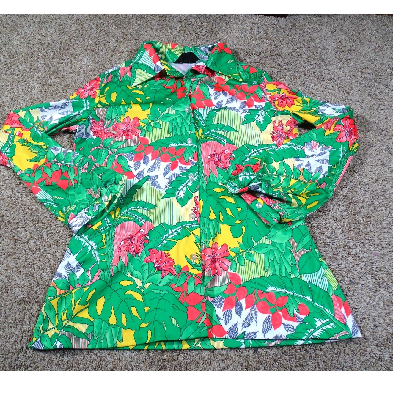 Vintage 70s Jack Winter Tropical Disco Blouse Monstera Floral S/M