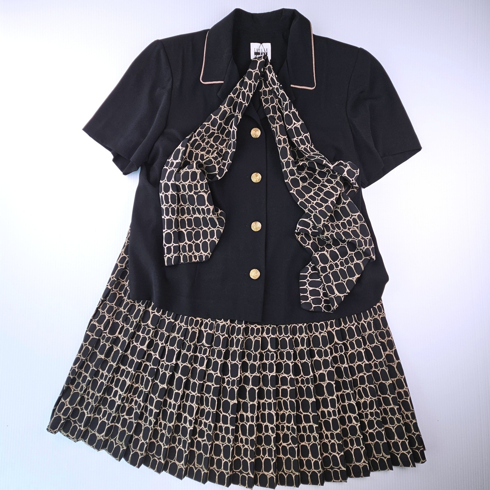 Leslie Fay Vintage 3 Piece Set Black Geometric Skirt Suit Scarf 18WP Secretary