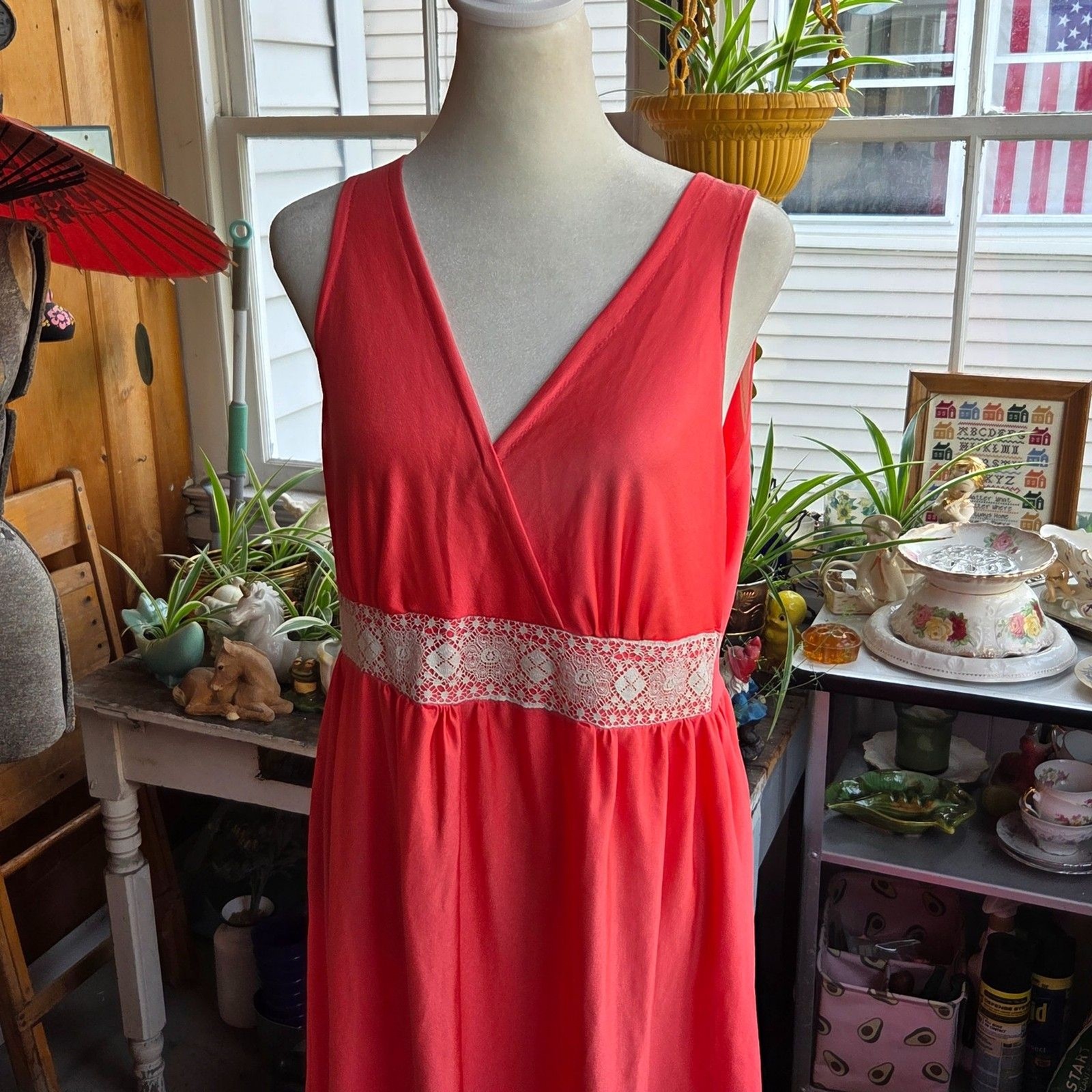 Vintage 1970s Coral Red Nylon Nightgown Maxi Gown Lace Empire Waist Medium