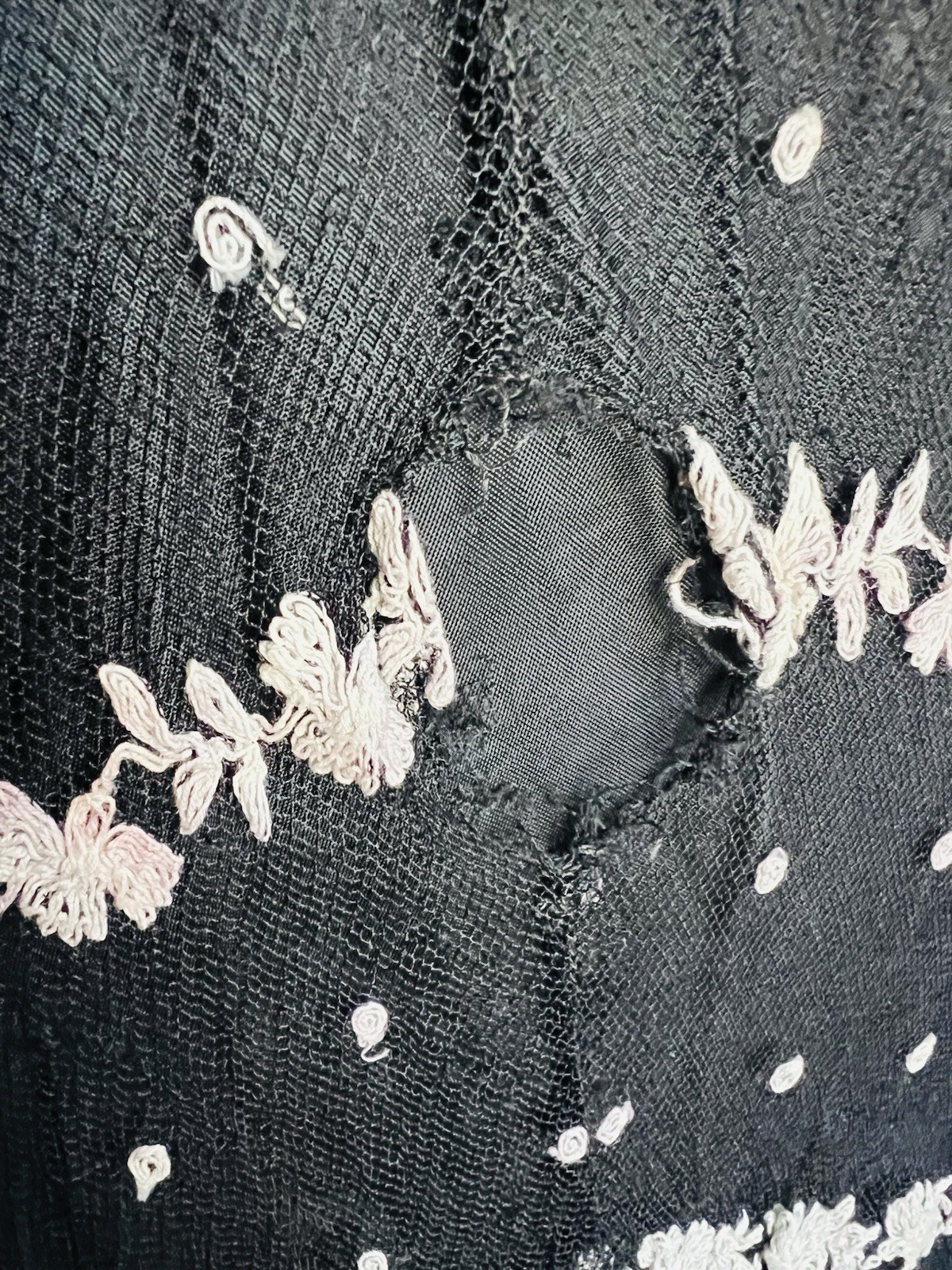 Vintage 1930s Black Mesh White Eyelet Lace Bias Cut Gown Dress Small XS As Is