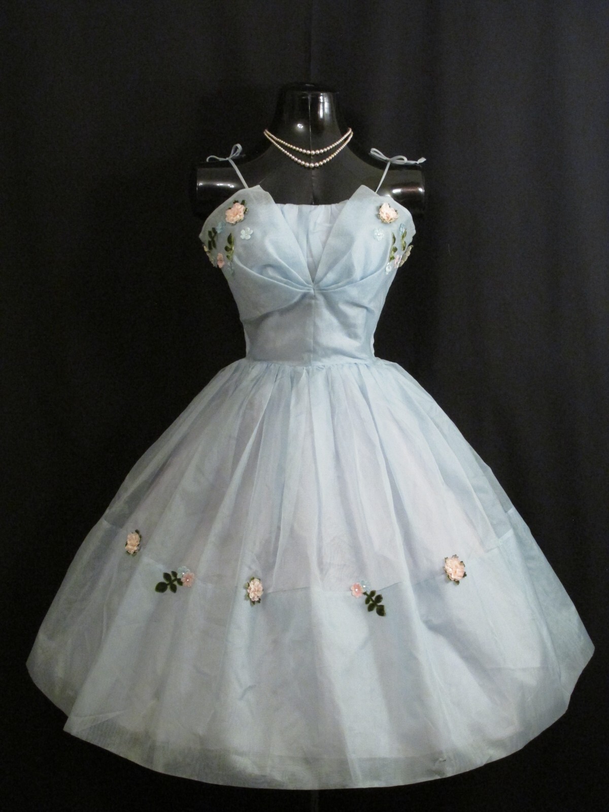 Vintage 50’s 50s Blue Applique Silk Chiffon Organza Party Prom Wedding DRESS
