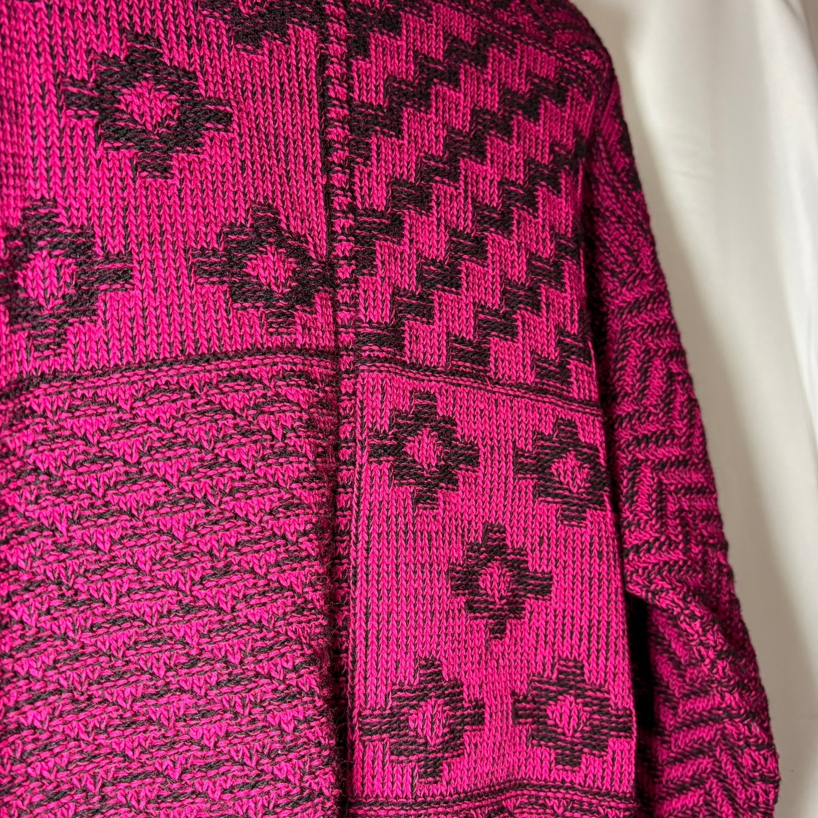 Vintage Lerner Magenta Pink Black Geo Patchwork Heavy Knit Sweater Mock Neck