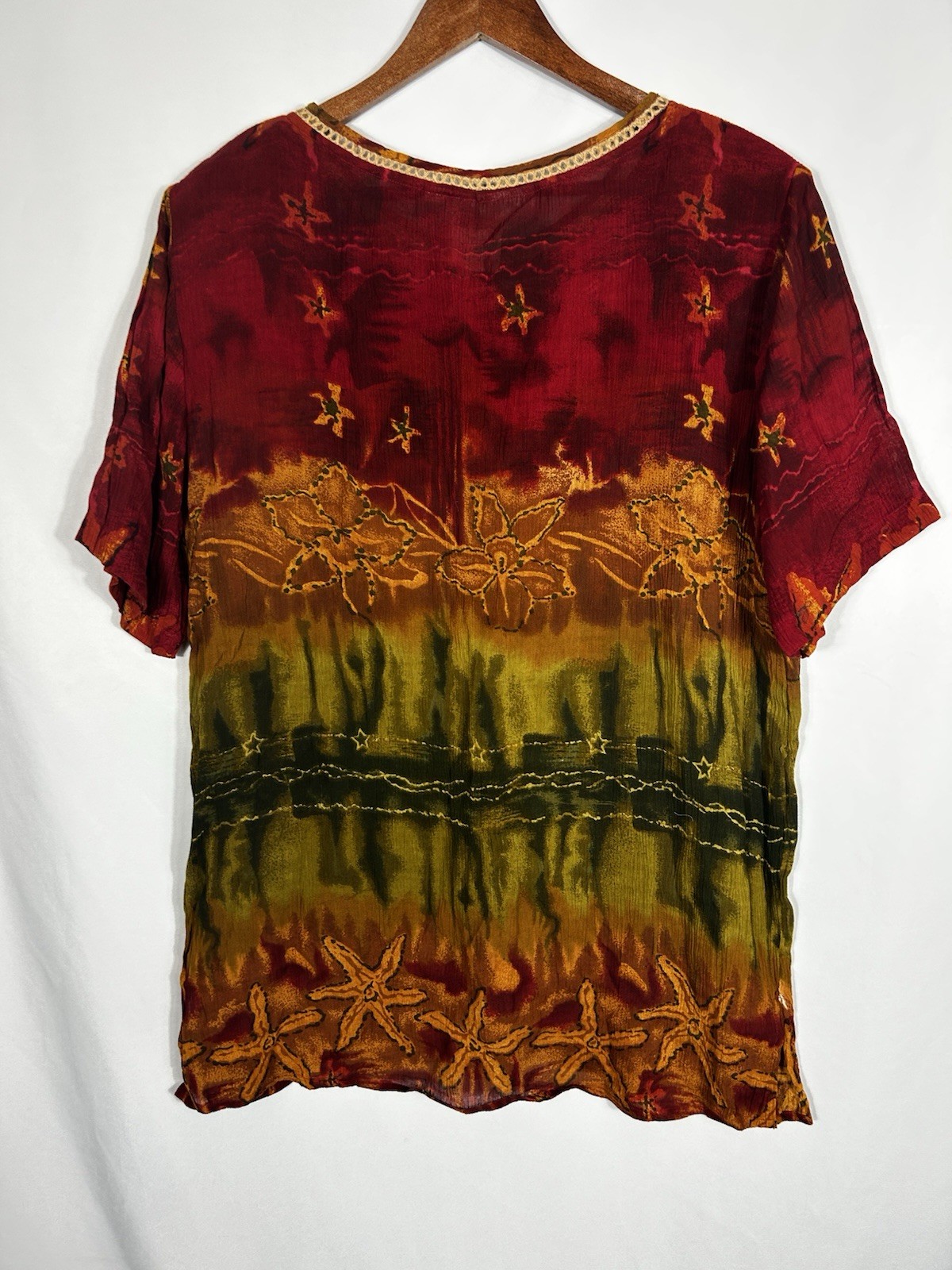 Rhool Vintage 90s Earthtone Ethnic Tribal Gauzy Tunic Top Beach Starfish Size M