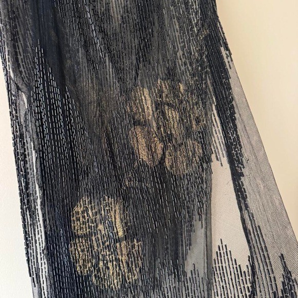 Art Deco Beaded Lame Floral Shift Dress Overlay 1920s sheer net jet bead antique