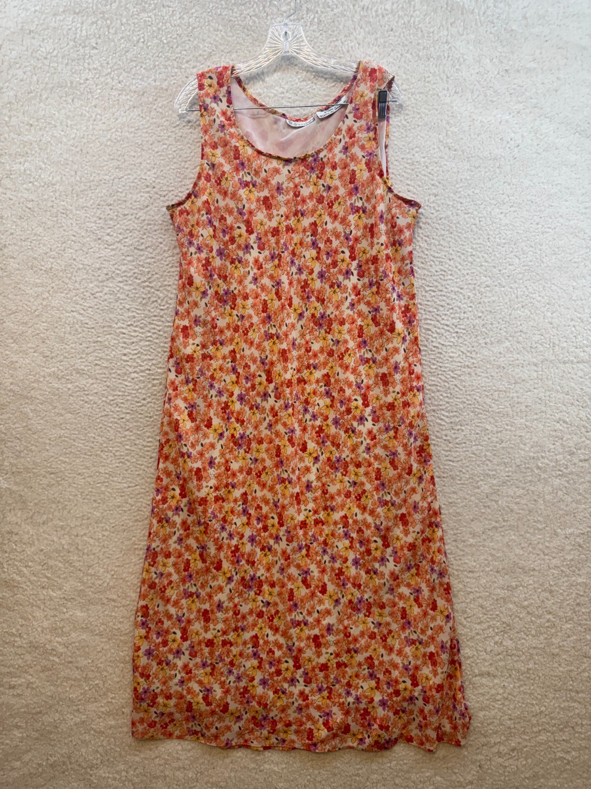 Vintage Dressbarn Midi Maxi Dress XL Orange Ditsy Floral Mesh Sleeveless