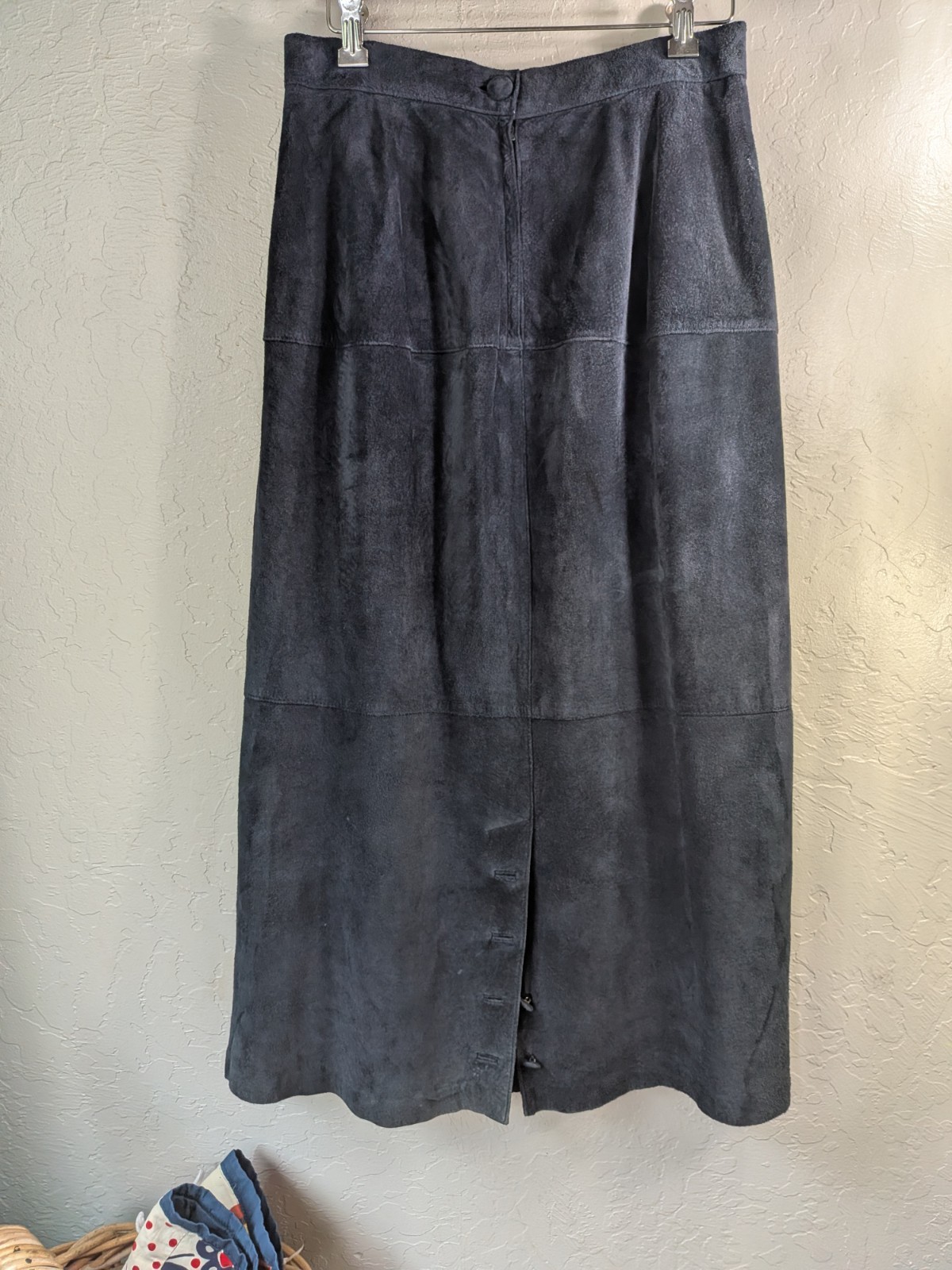VTG Leather Suede Navy Blue Midi Skirt Western Chic Boho (Sz 12 Tag) 26 in waist