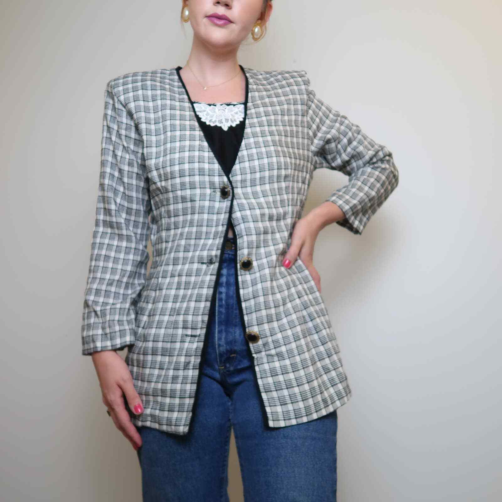 Vintage 90s black and cream plaid blazer w/ lace dicky M