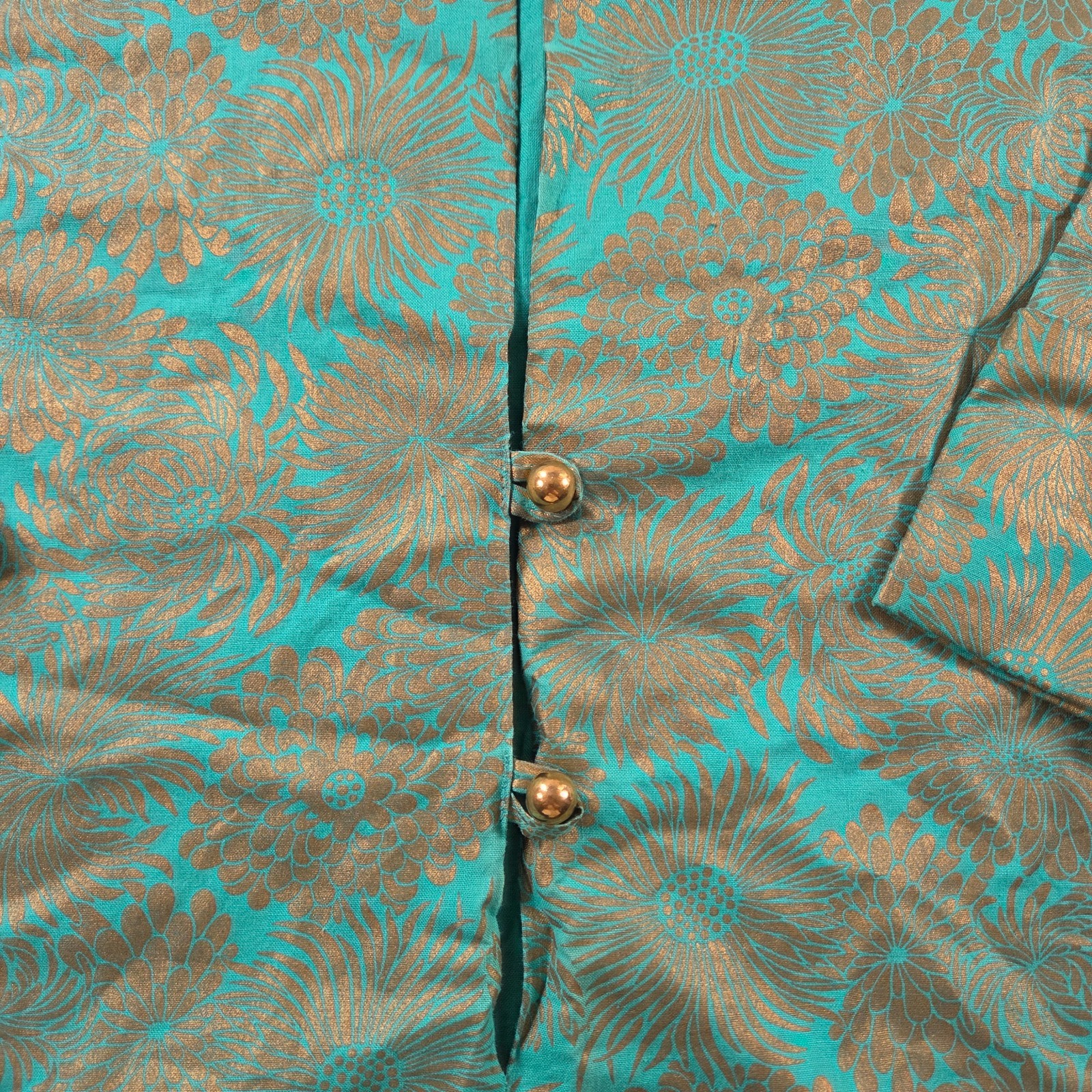 Vintage Dutchmaid Top Womens 38 Green Floral Gold Painted Asian Traditional 70s