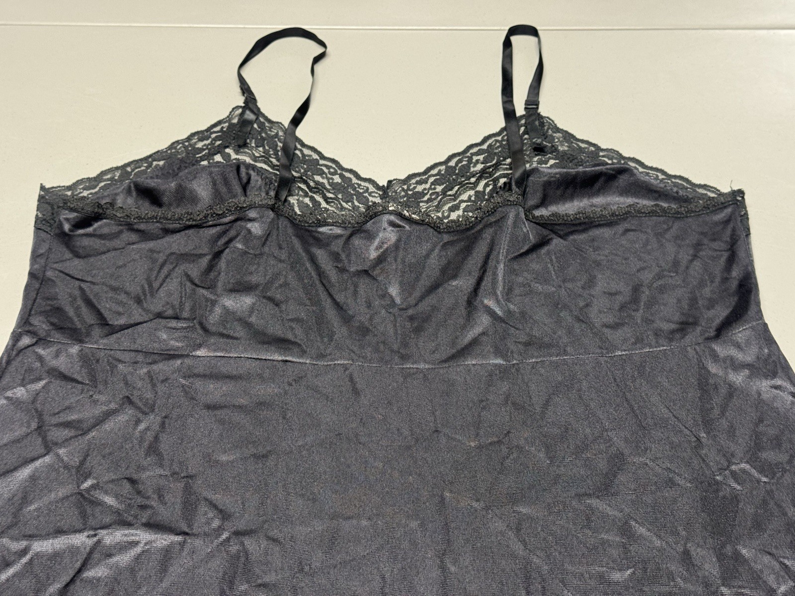 Vtg Sliperfection Sissy Full Slip Black Sz 44 Nylon Tricot Antron Silky Lace USA