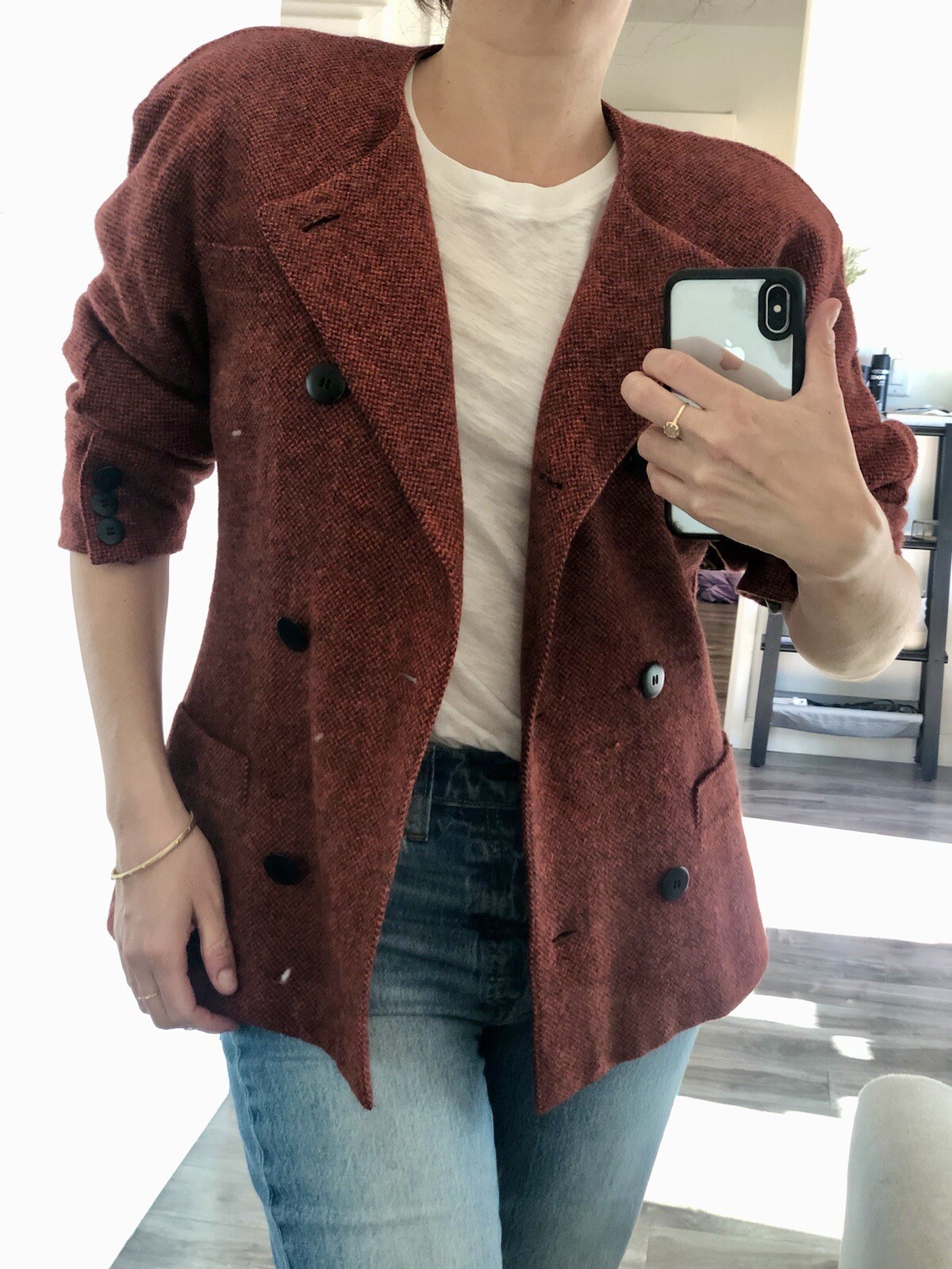 Vintage Red Black Tweed Jacket Blazer Cardigan Double Breasted by Escada 34 XS