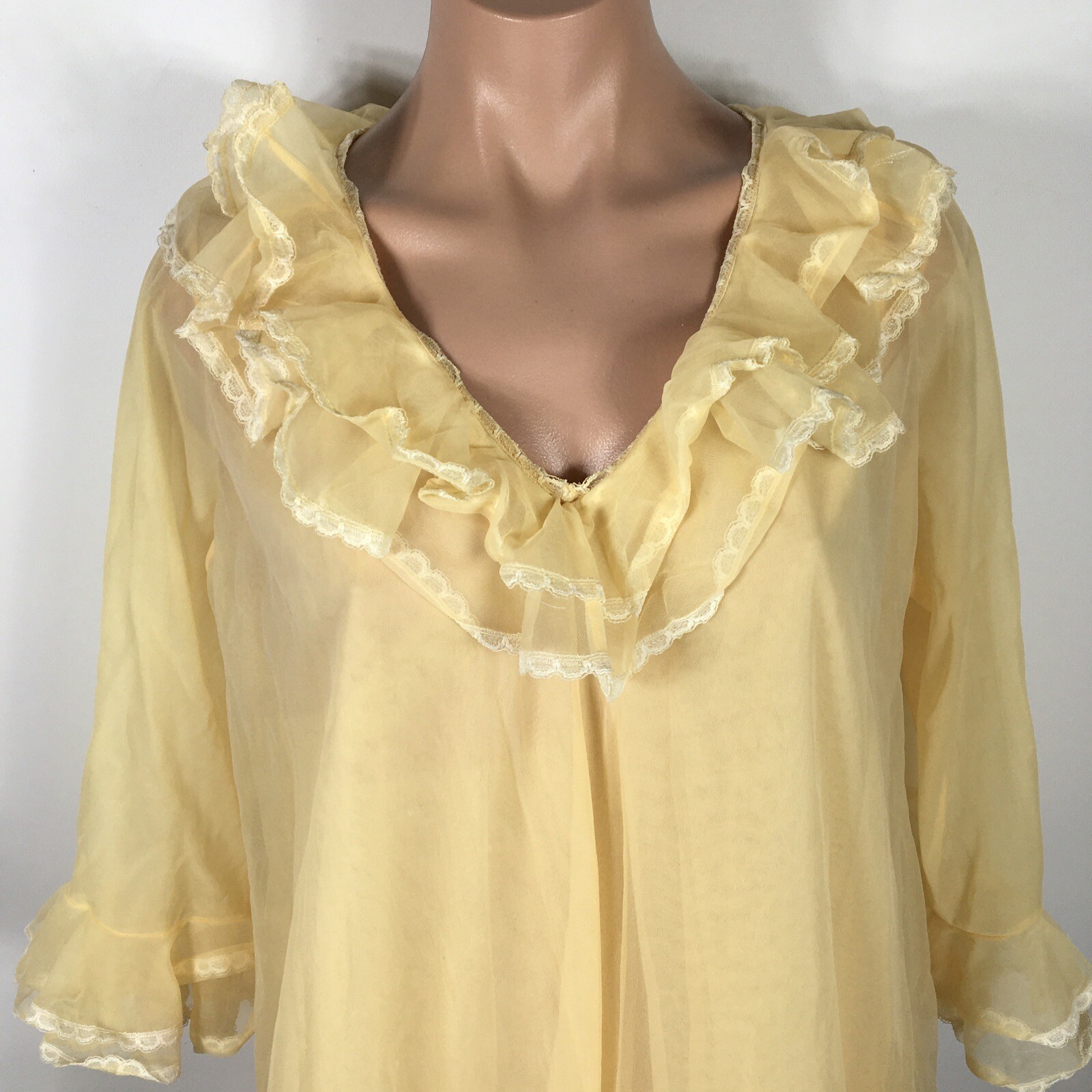 Vtg 60s Worth Chiffon Robe Ruffle Babydoll Sweep Lingerie Nightgown Wedding S