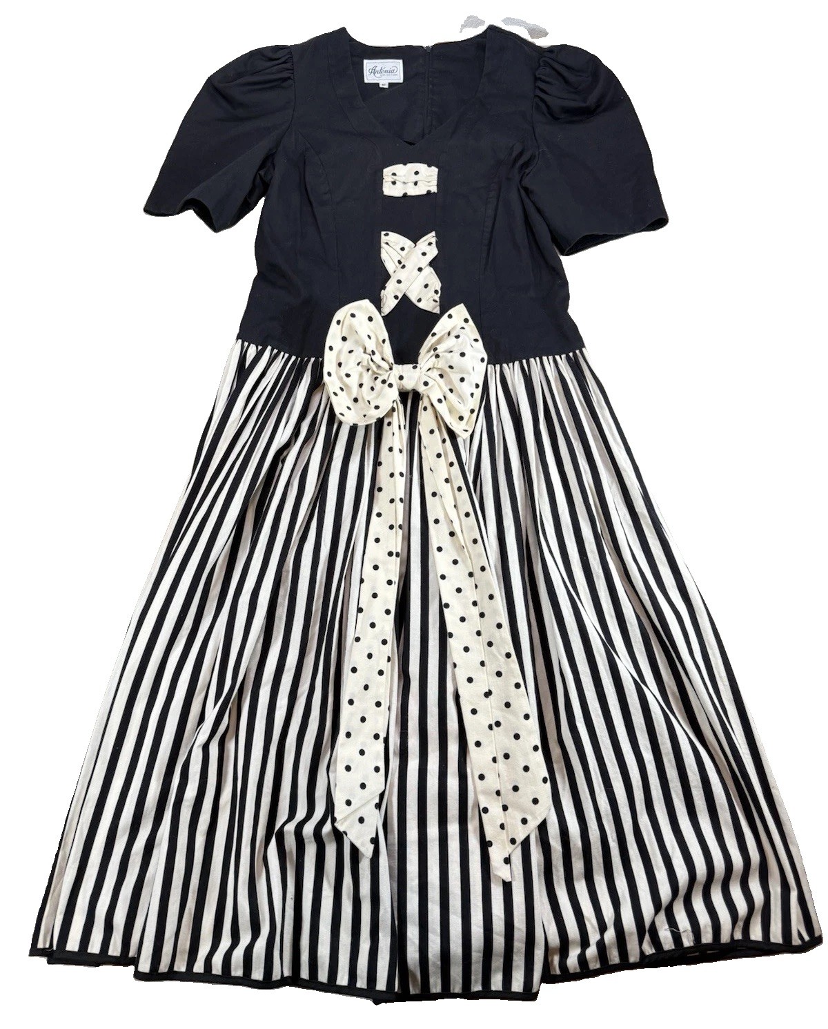 Vintage Antonia Collection Dress Womens 12 Black White Striped Polka Dot Bow 80s