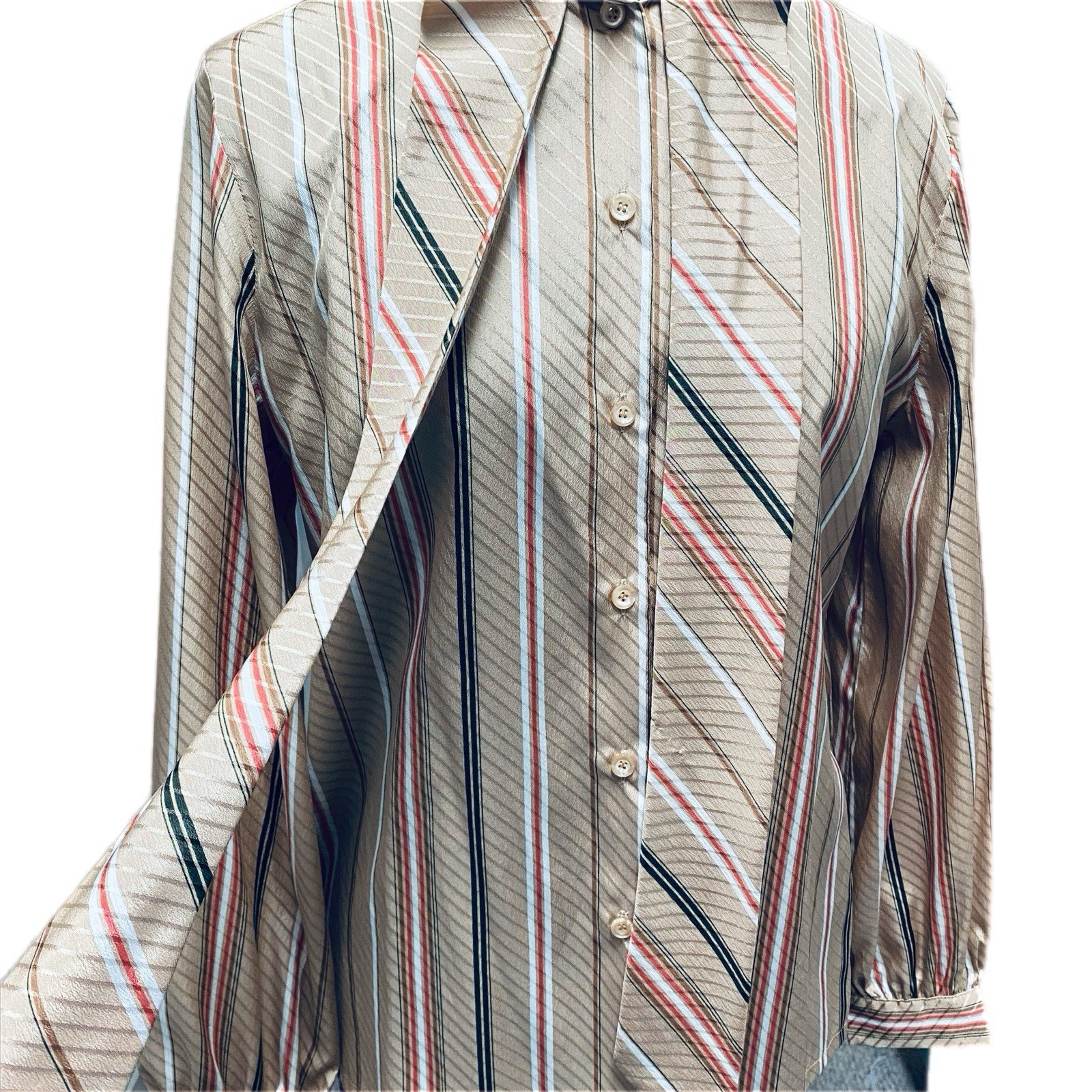 Vintage 1979s Dalton Brown Polyester Bow-Tie Button-Down Women’s Size 10 Blouse