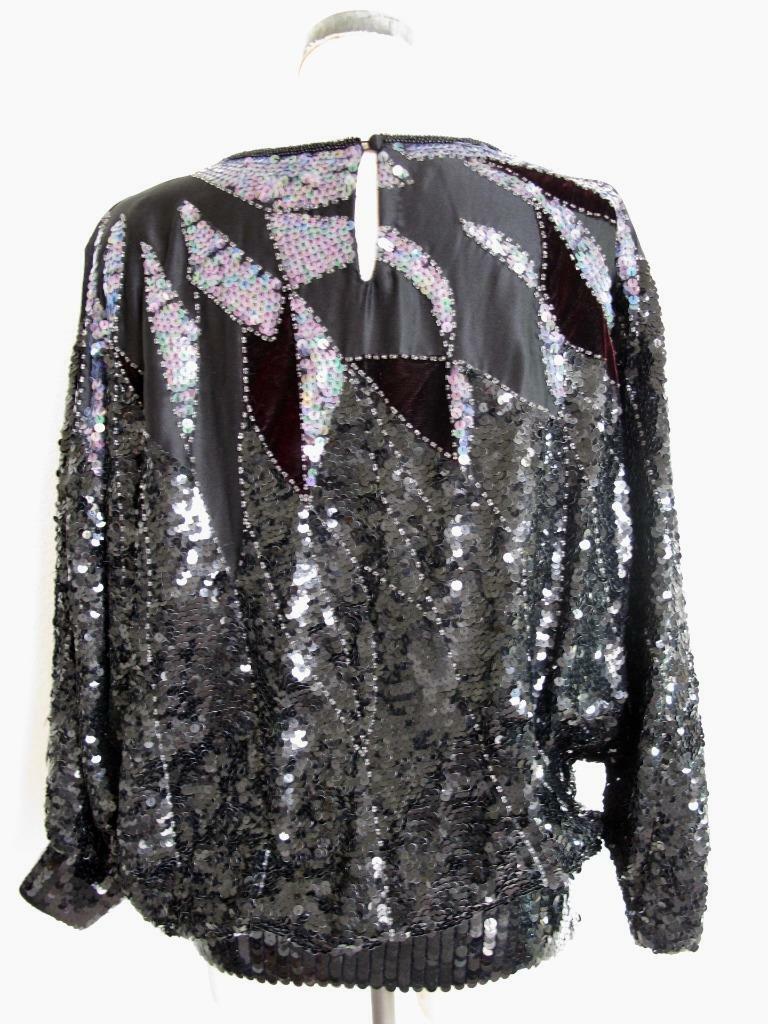 Vintage Silk Beaded Sequin Batwing Top M 80s Blouson Black Velvet Three Flaggs