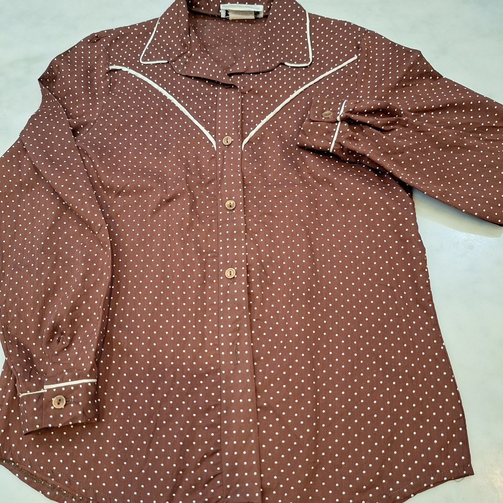 Vtg 70s Teddi of California Sz 10 (S-M) Brown Polka Dot Western Piping Shirt