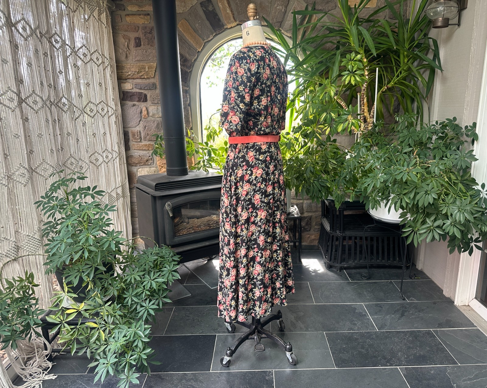 Vintage 1980s Black Pink Green Floral Rayon Dress