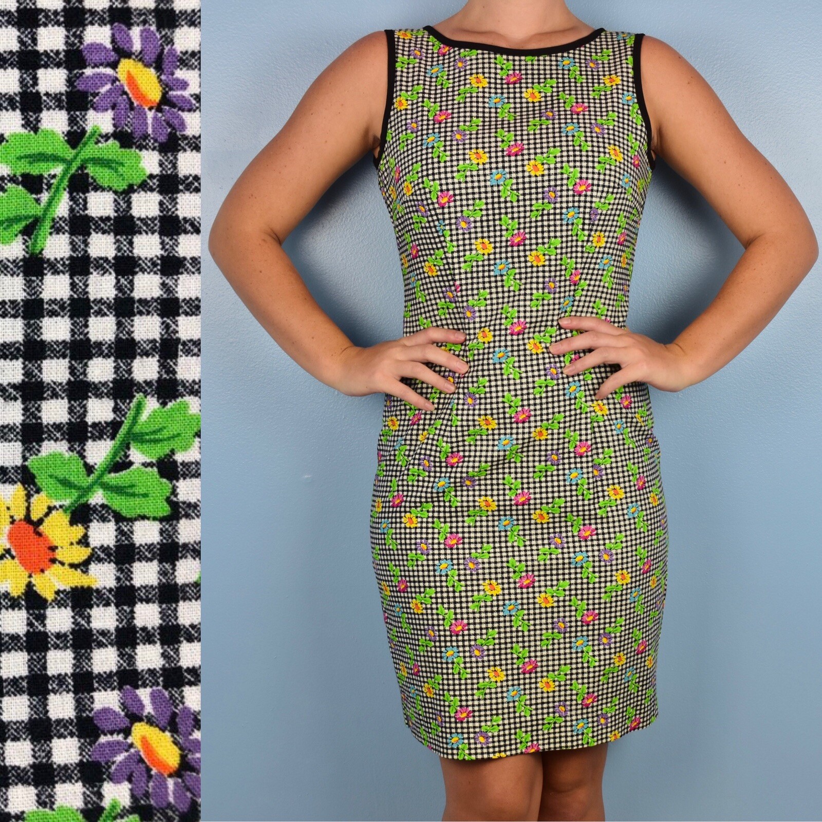 Vintage Misty Lane Small Gingham Plaid Floral Print Sleeveless Sheath Dress