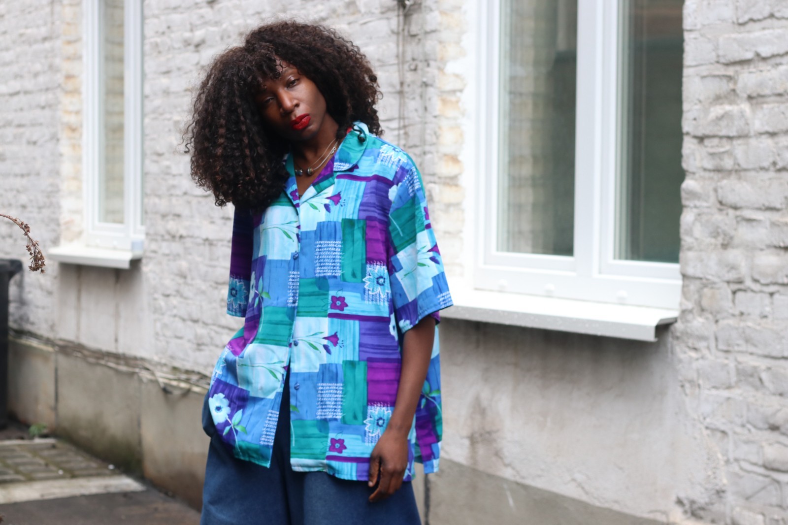 Vintage Blouse Abstract Pattern Blue Purple 90s Oversized Short Sleeve Shirt L