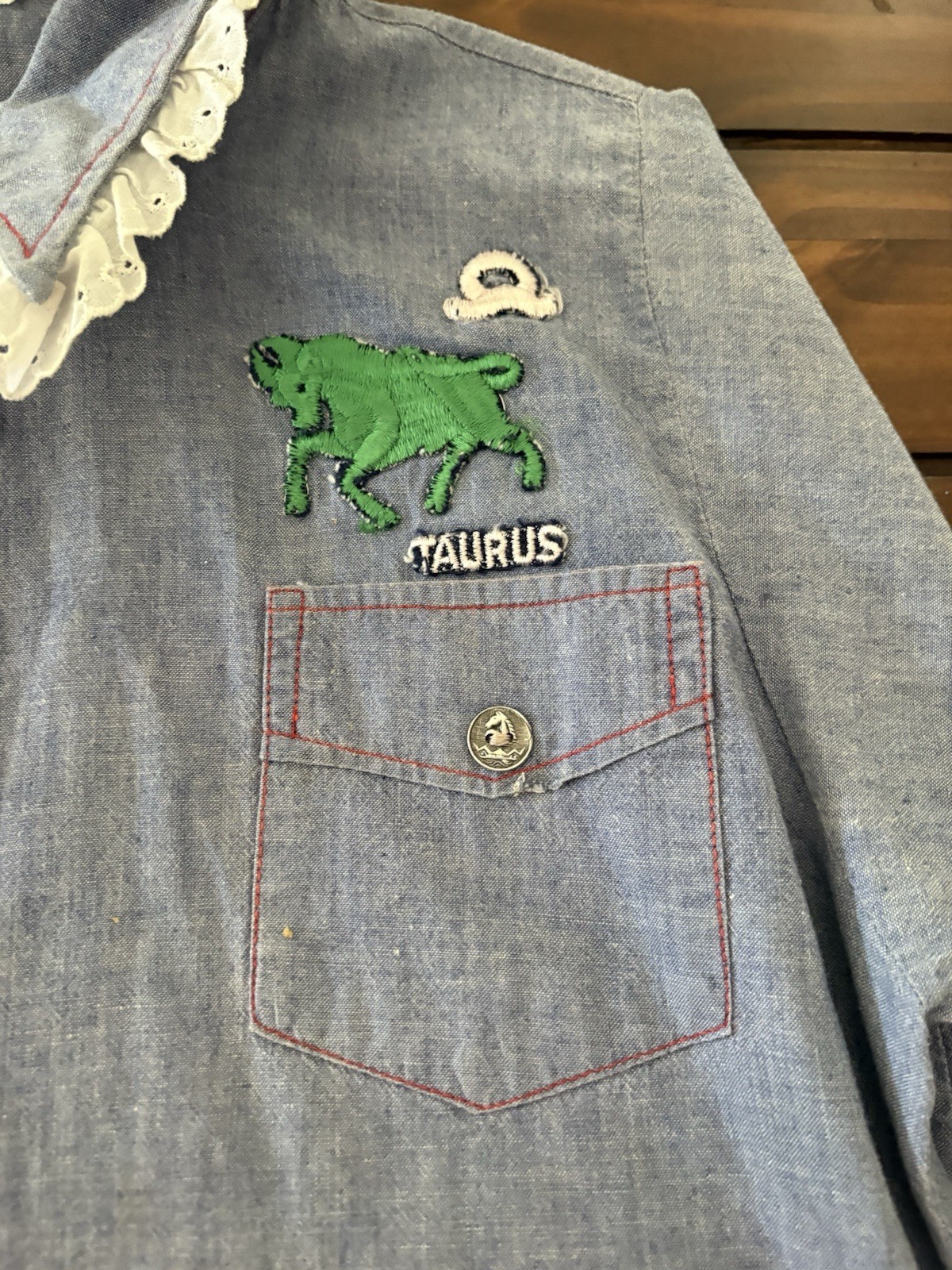 Vintage 1970s Denim Chambray Flower Butterfly “N” Taurus Shirt