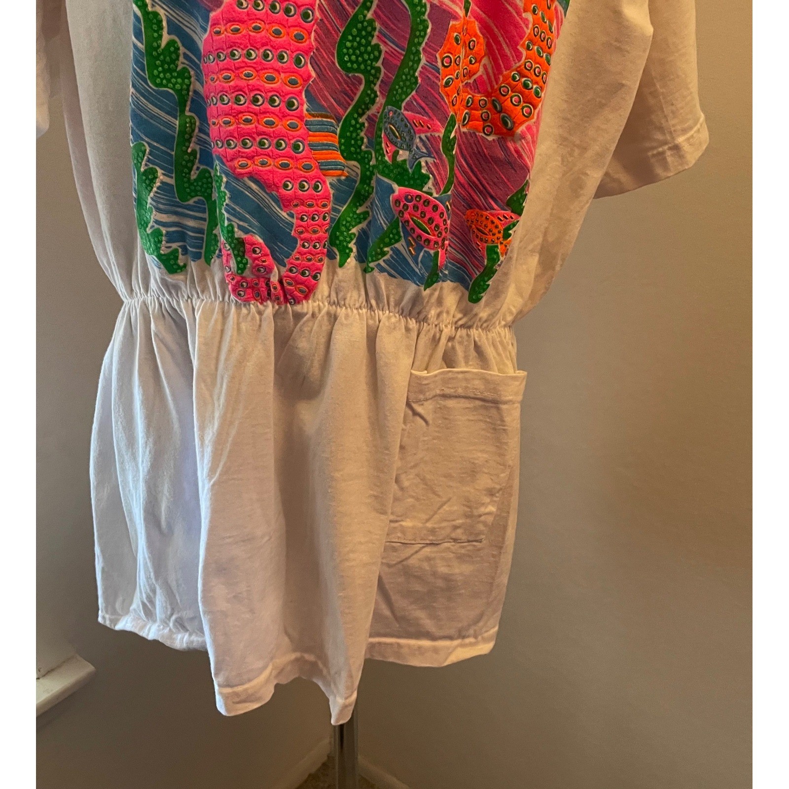 Vintage Look & Sea Seahorse Puff Print T-Shirt Dress Cover up Neon 80s OS USA