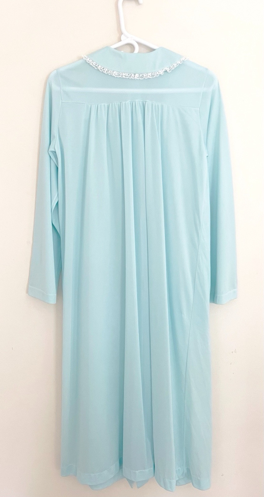Vintage NANCY KING Robe Sz S Blue Nylon Satin Button Up Lace Pocket Collared