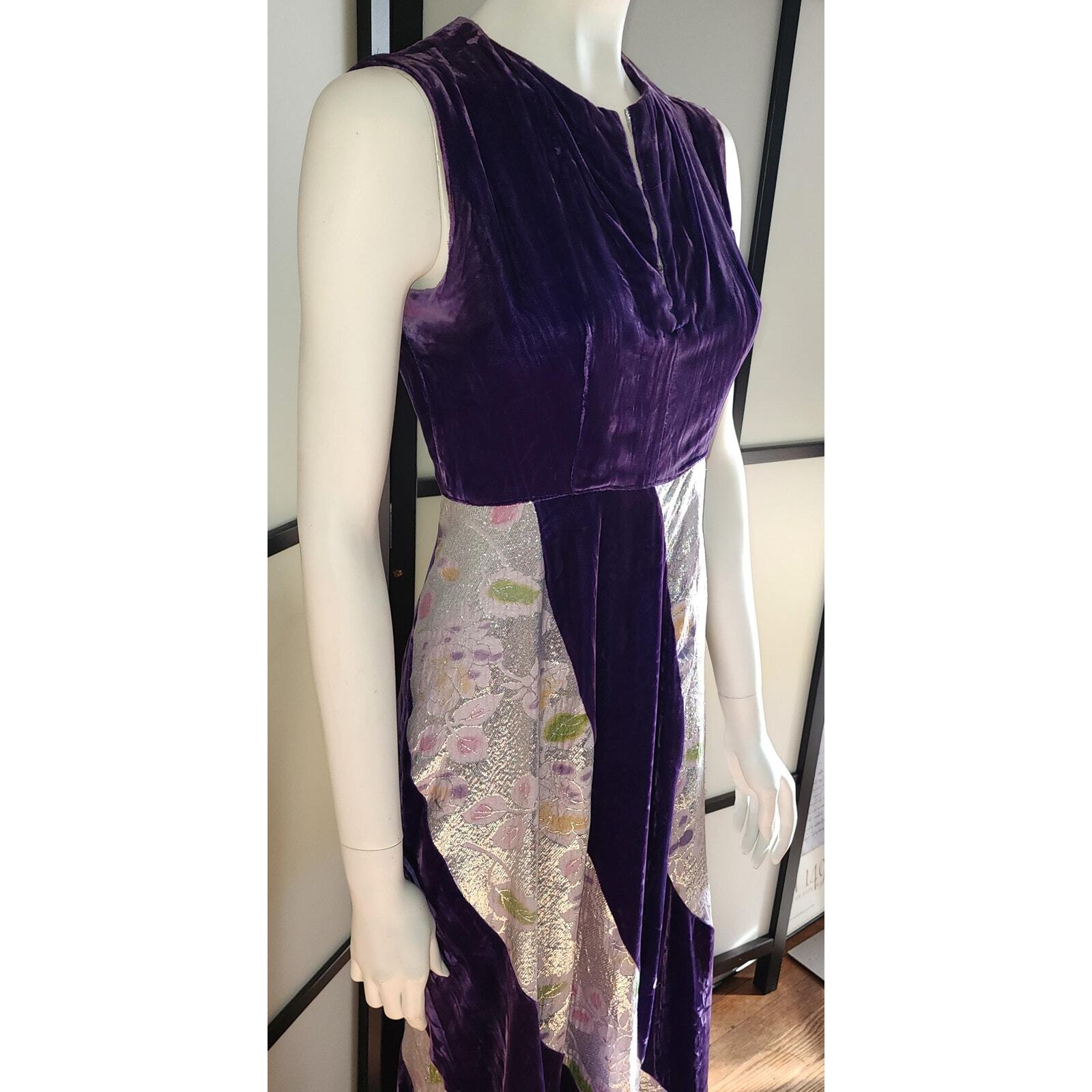 Vtg 60s Long Purple Velvet Gown Silver Metallic Insets Bias Skirt New Orleans S