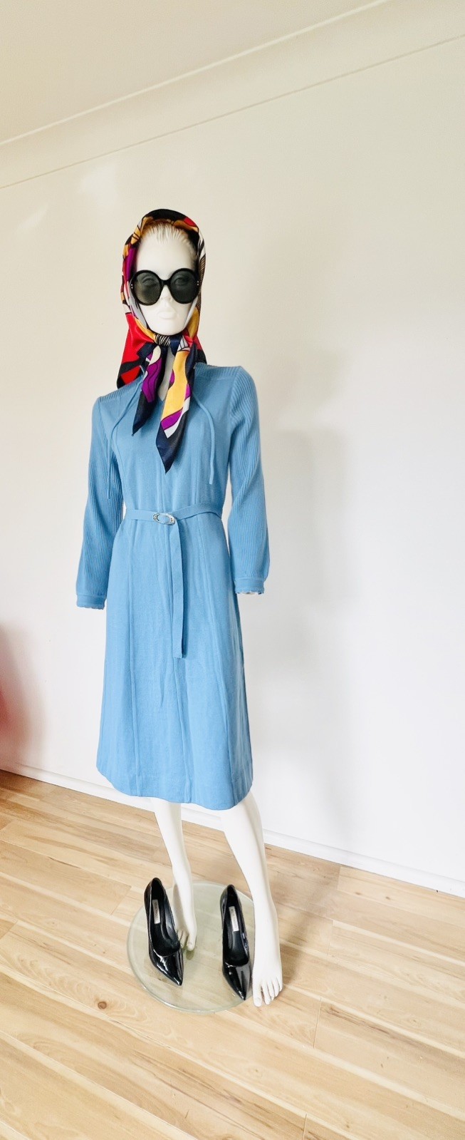 Vintage 60s 70s Le Donna Sky Blue 100% Wool Knit Stretch Belted Dress Hong Kong
