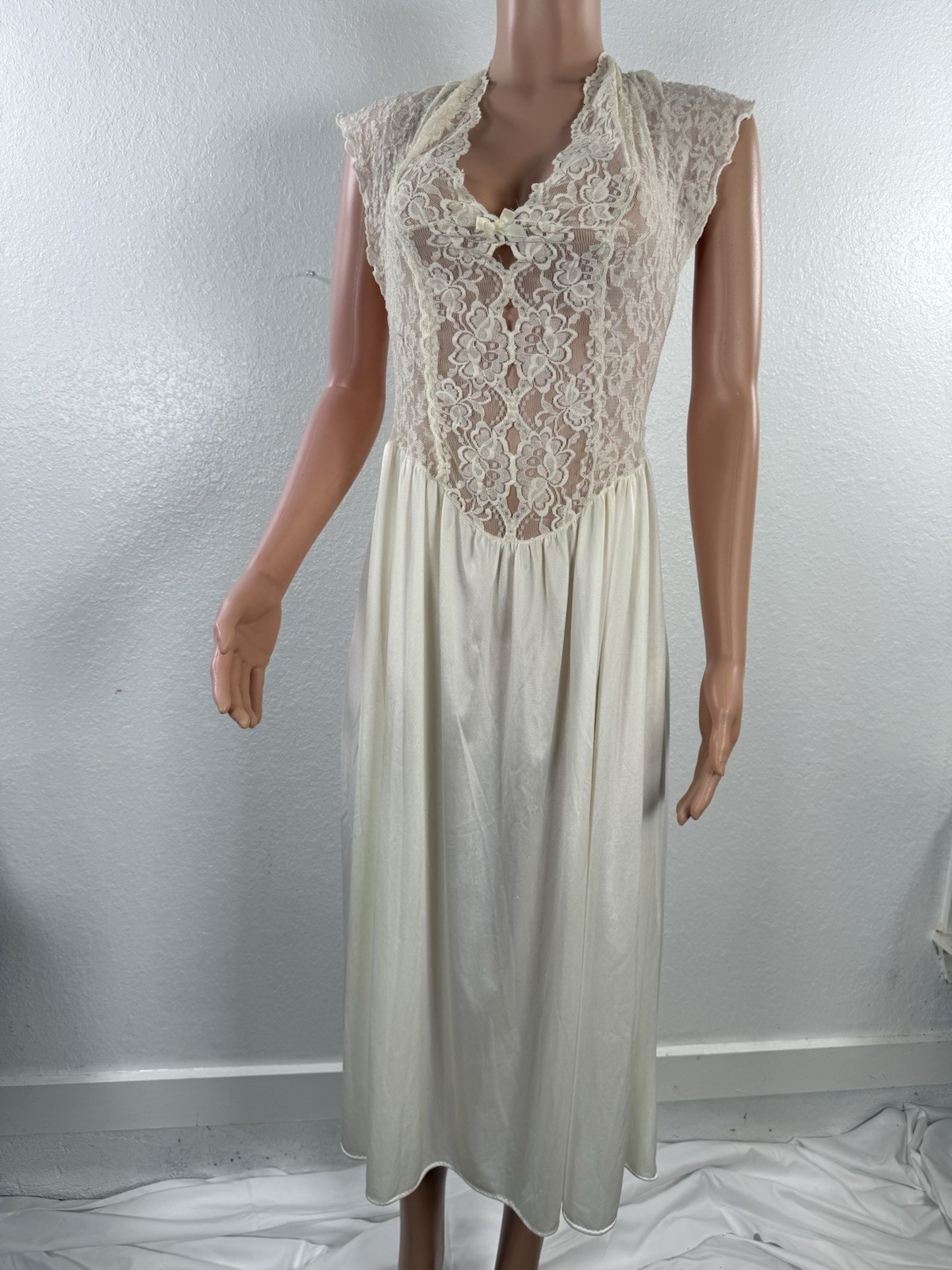 Vintage Creamy Midi Nightgown Lace Satin Lingerie Coquette Prairie Boho Gown