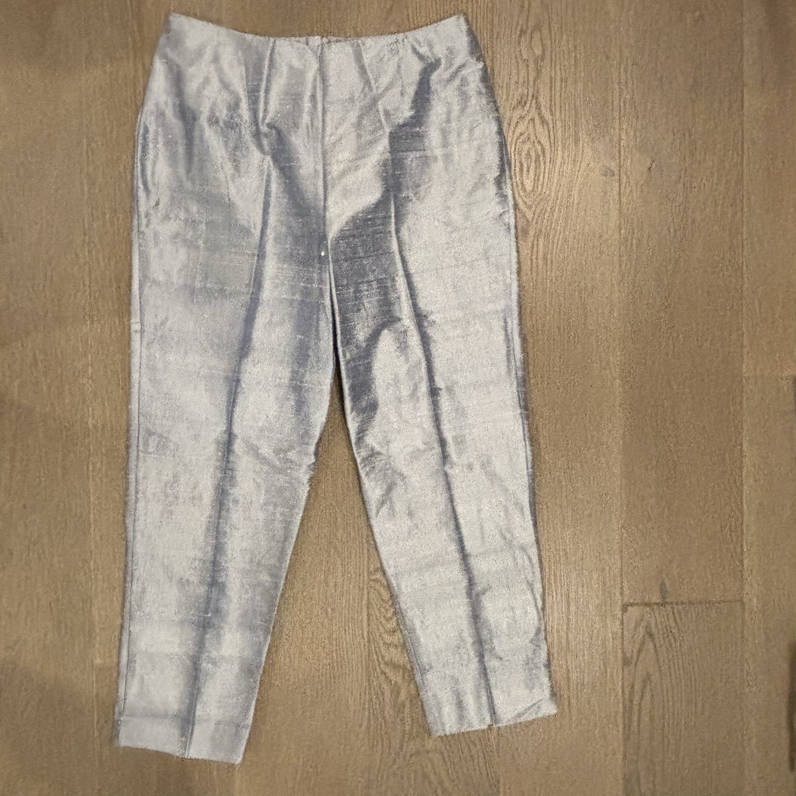 Vintage Charlotte Kellogg Palm Beach 100% Silk Silver Tapered Pants Women 16 USA