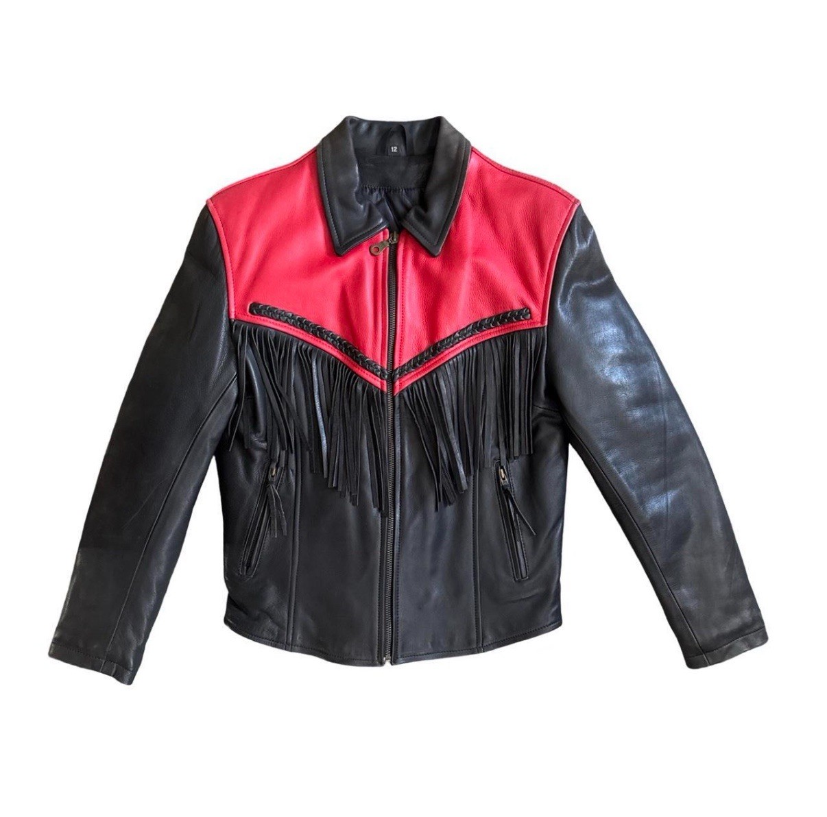 Vintage 90s Black Fringe Leather Zip Up Jacket Biker Boho Edgy
