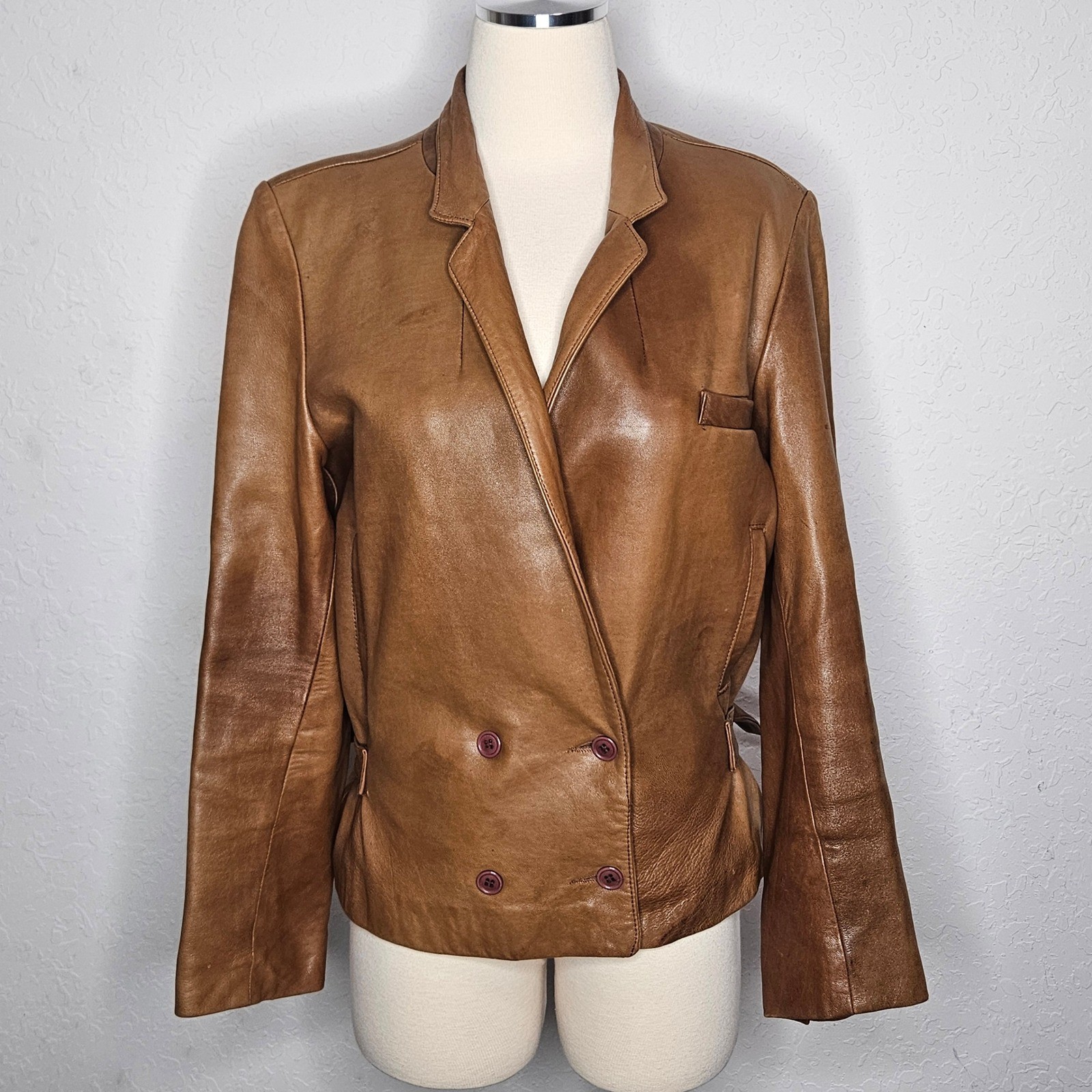 Vintage ILGWU Canada Tan Leather Double Breasted Blazer Jacket Women Size 8