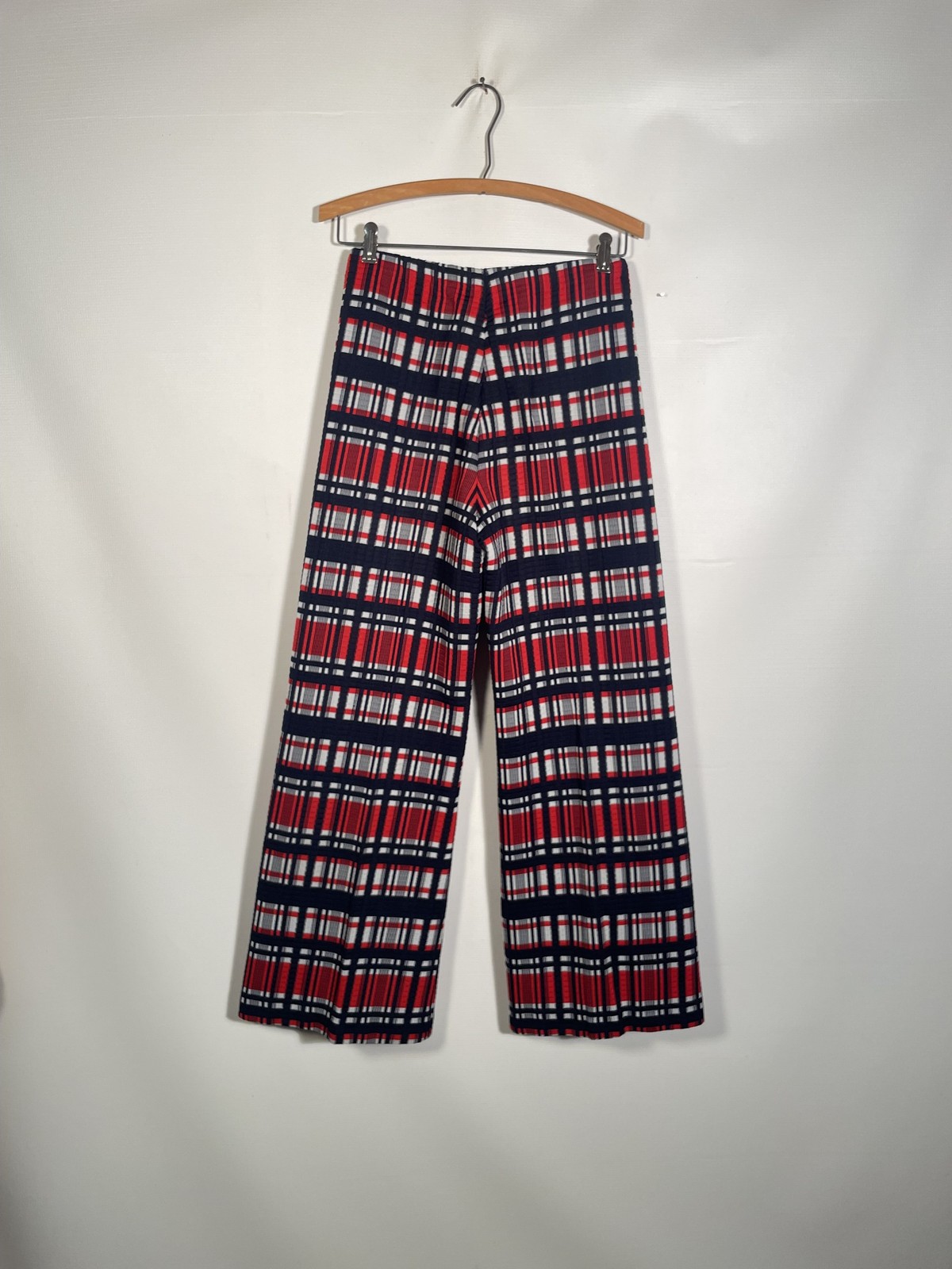 Vintage 1970s Textured Plaid Red White And Blue Flare Leg Pants Size 28×29