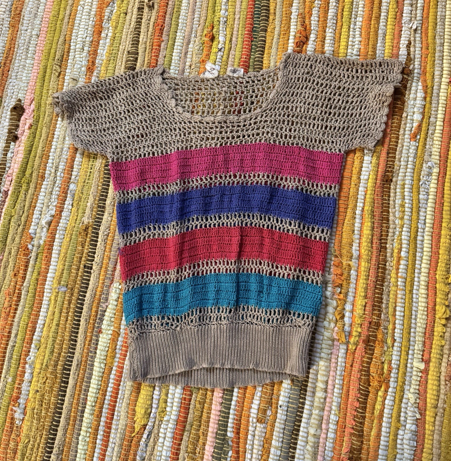 Vtg India Hand Woven Crochet Cap Sleeve Top Pullover XS S 70s 80s Dolman Crop