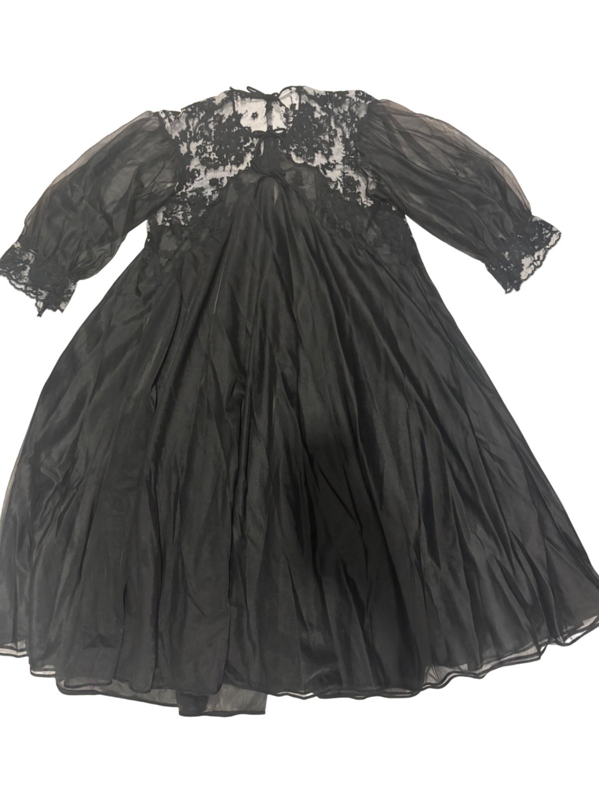 Vintage Eyeful The Flaums Small Lace Nylon Robe Cape Black Sheer Puff Sleeves
