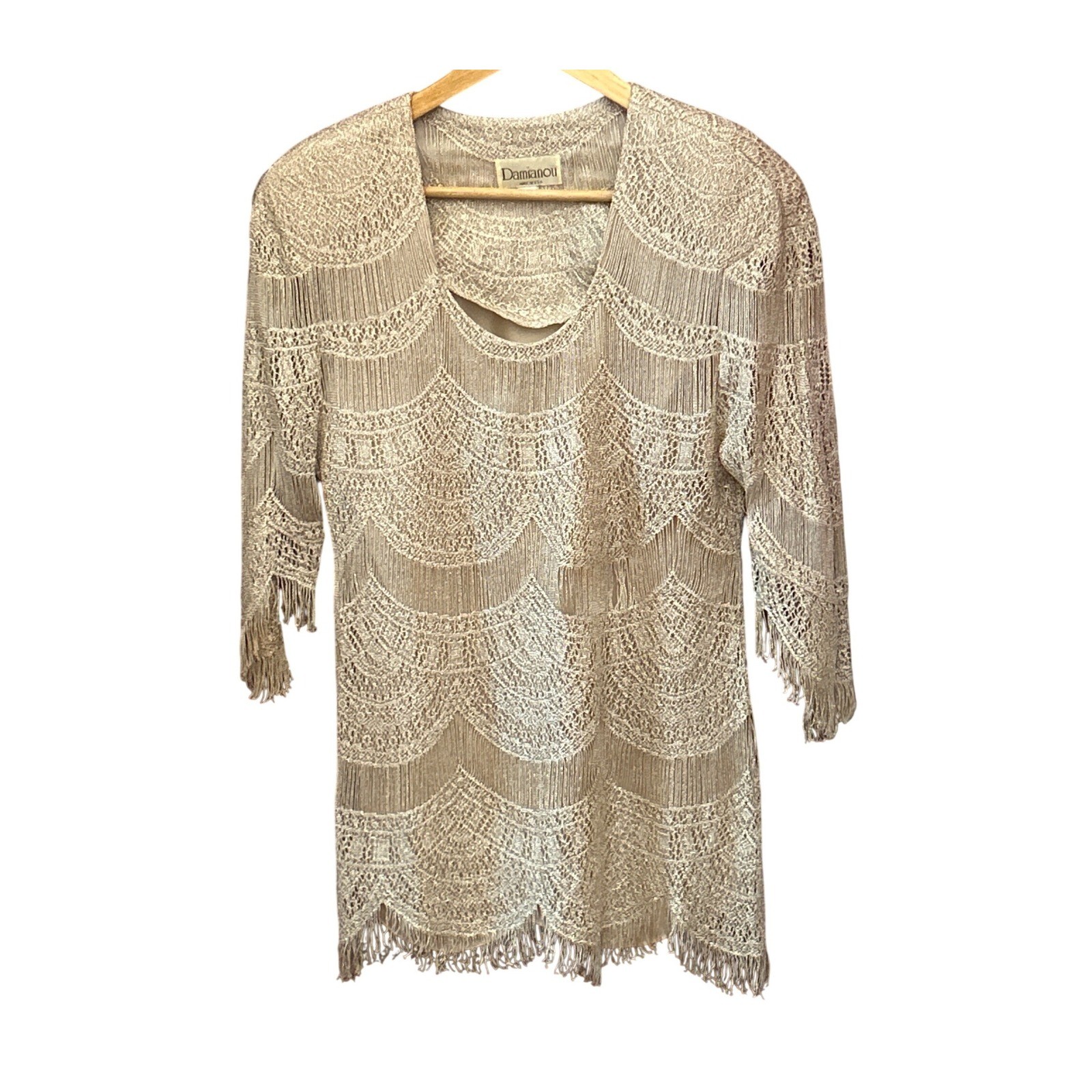 Vintage Damianou Metallic Gold Fringe Tunic Top Flapper Art Deco Gatsby Crochet