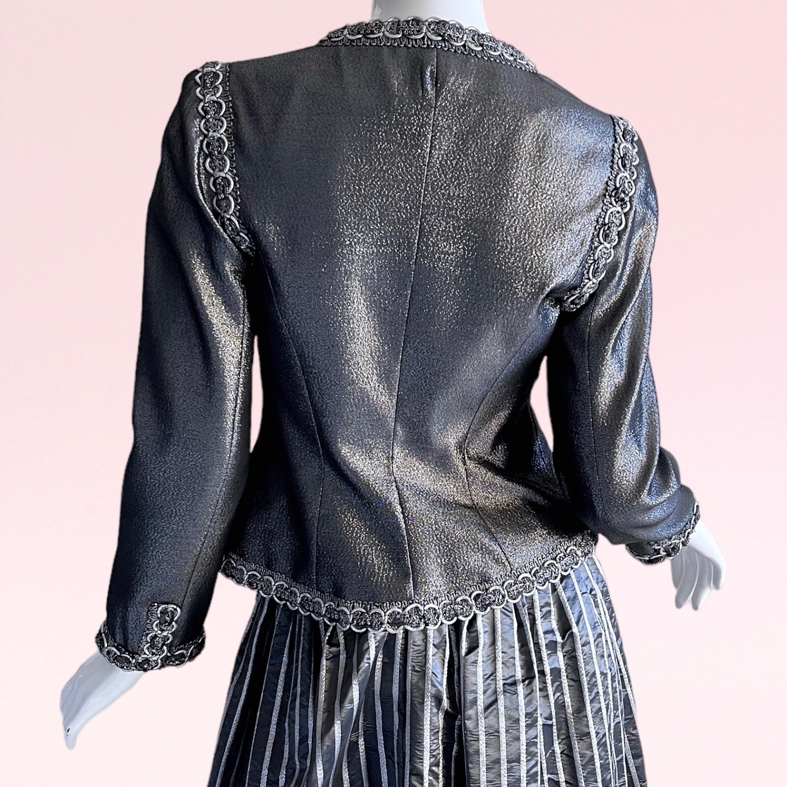 1990s Victor Costa Brocade Metallic Silver Rhinestone Taffeta Evening Gown Set