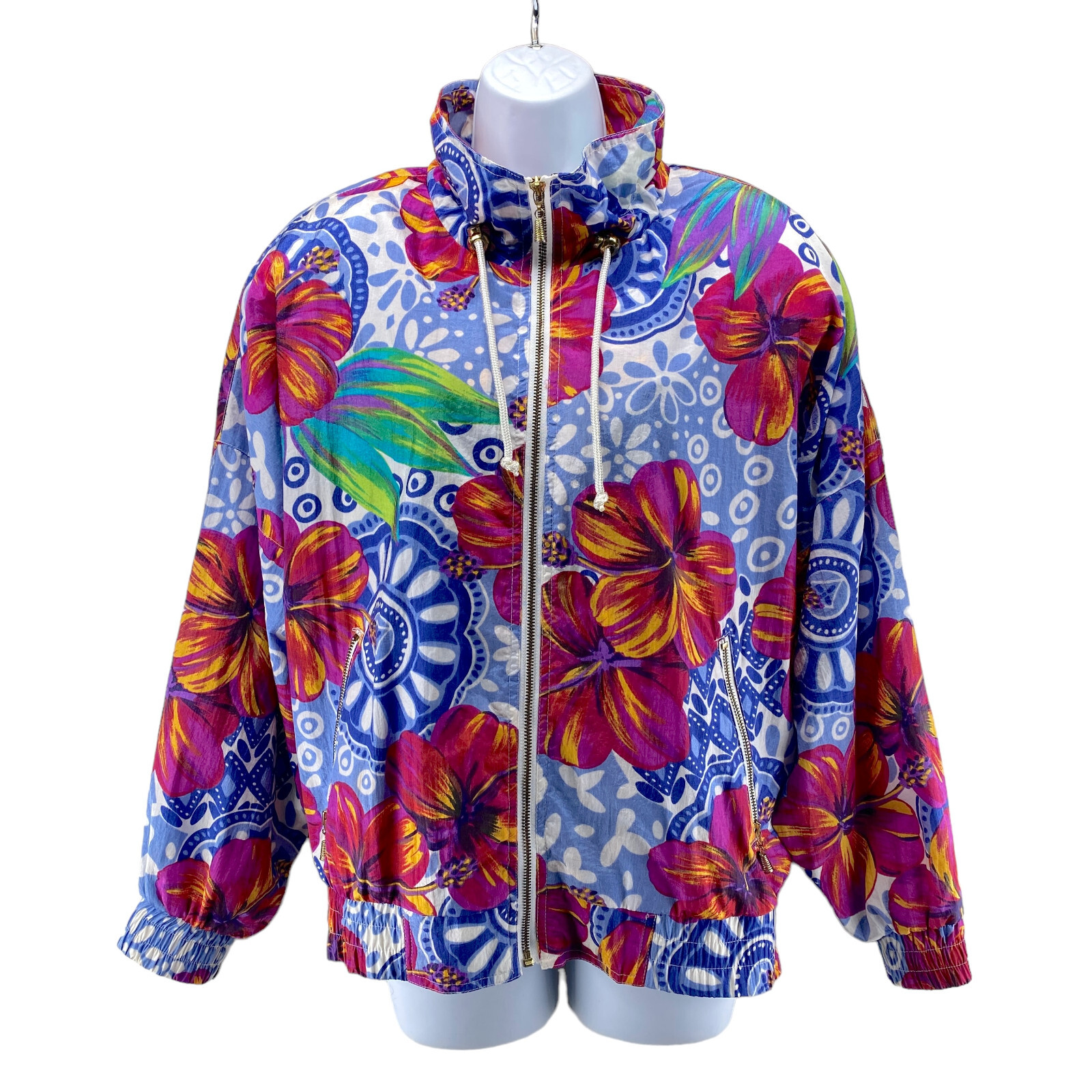Andy Johns Vintage 1980s Warm Up Track Jacket Large Blue Purple Bold Floral