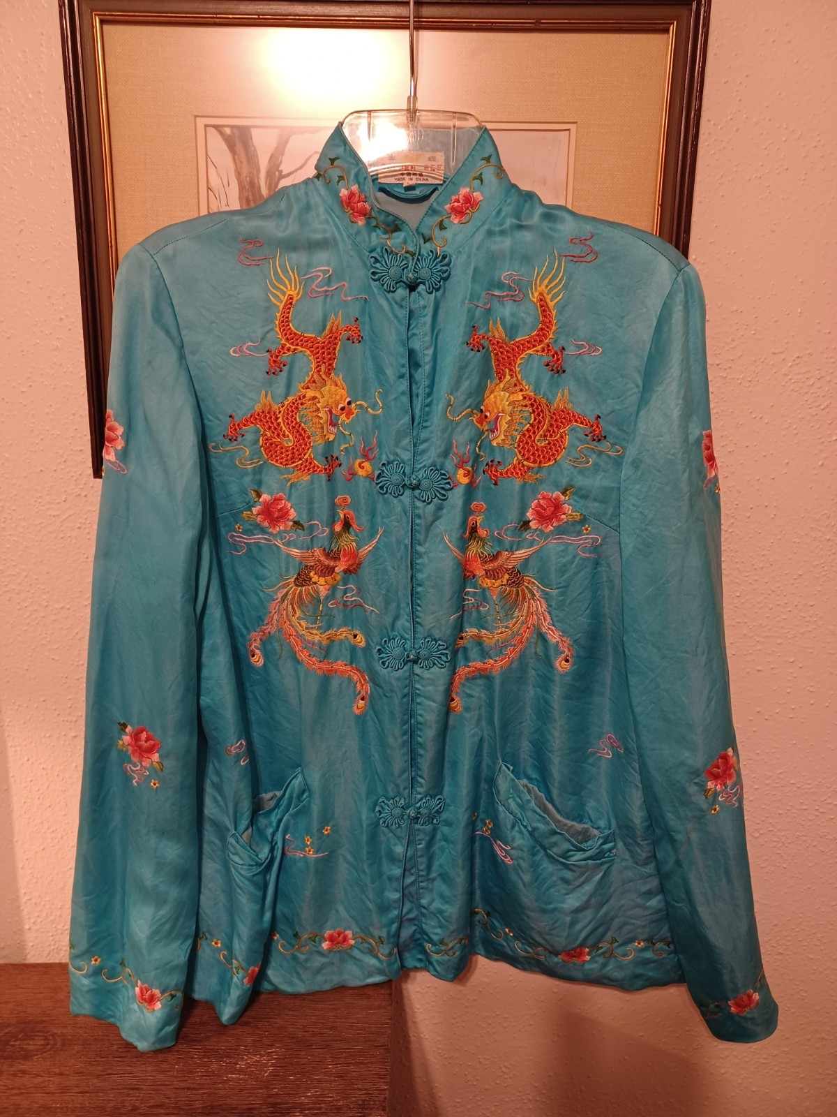 Vintage GOLDEN BEE Women’s Mandarin Kimono Blouse Dragon embroidered blue – LRG