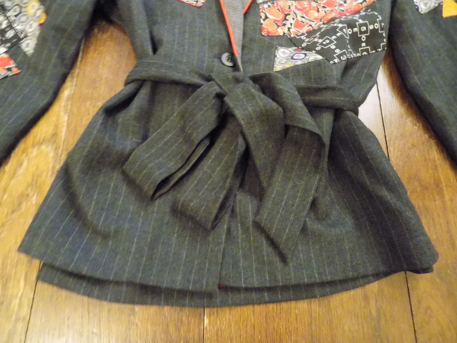 Vtg Canvasbacks Art to Wear Patchwork Blazer Pinstripe Gray Belt Suit Jacket XS